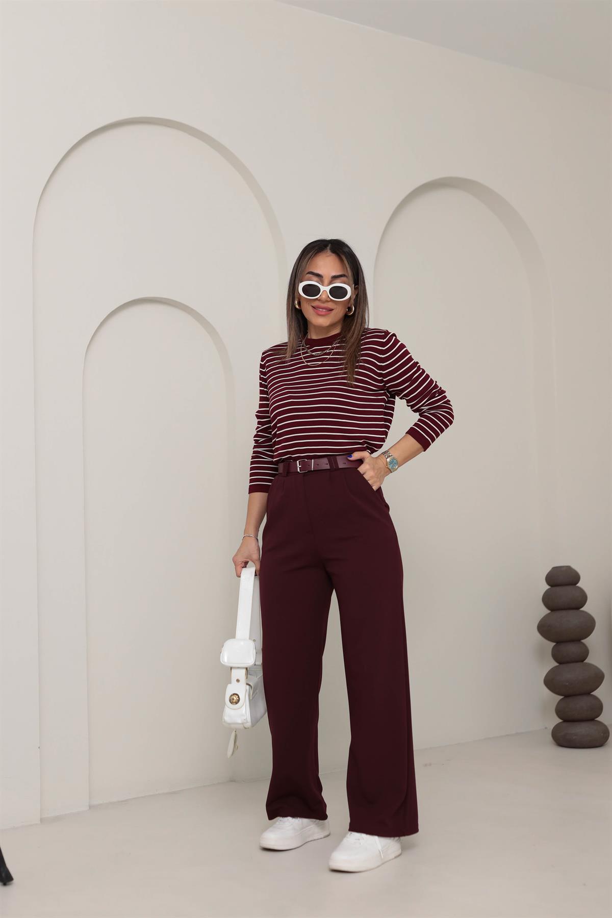 3851 Çift Pile Detaylı Kemerli Palazzo Pantolon BORDO