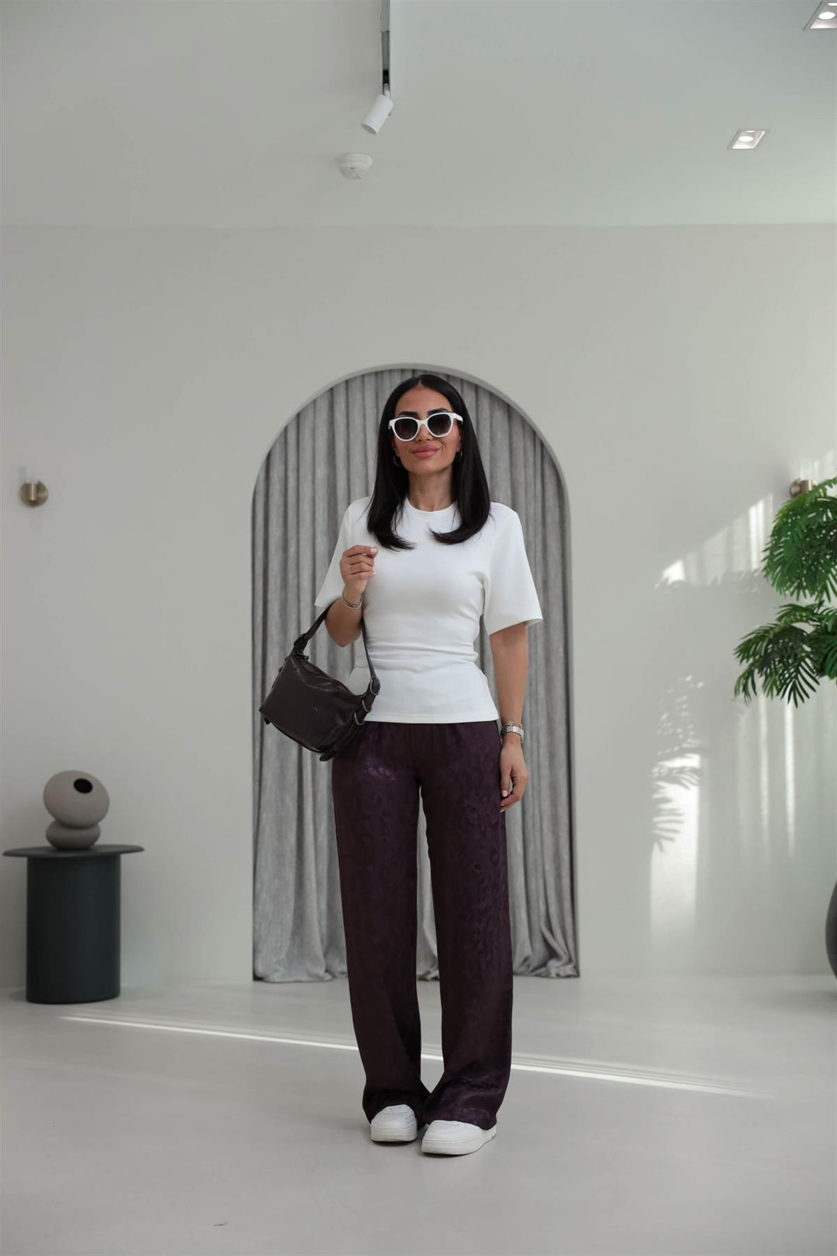 1635Y Leopar Desen Jakarlı Saten Pantolon MÜRDÜM