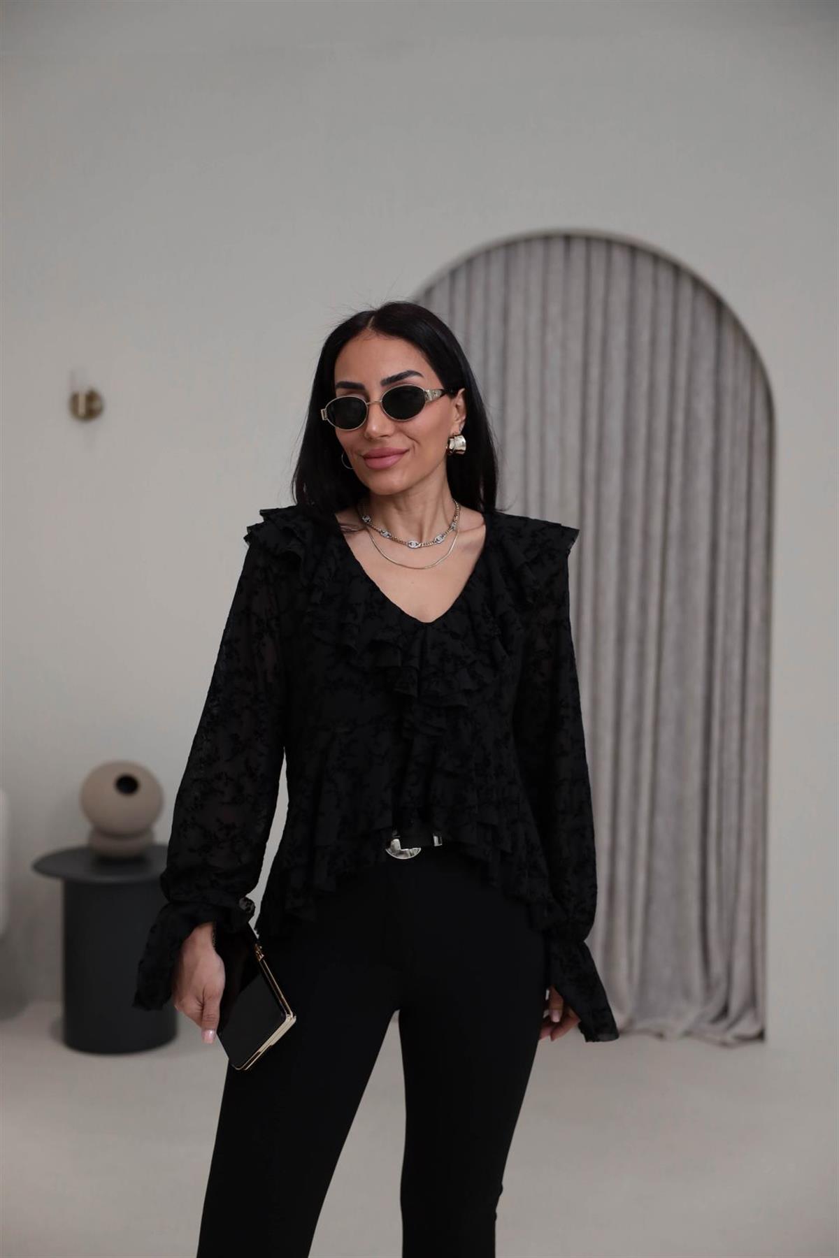 1110 Kadife Baskılı Fırfırlı Tül Bluz SİYAH