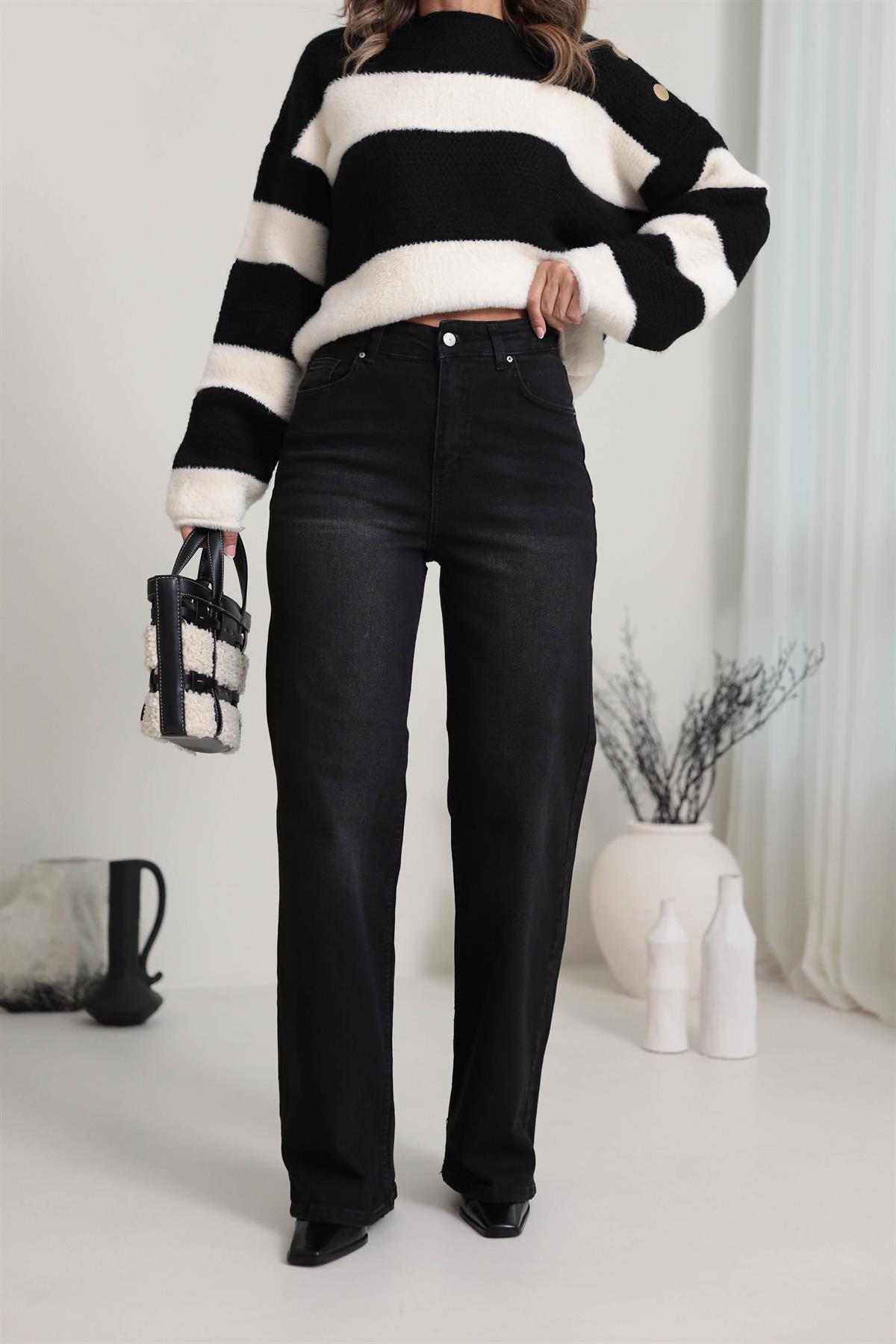 1071 Yüksek Bel Dökümlü Palazzo Jean YIKAMALI SİYAH