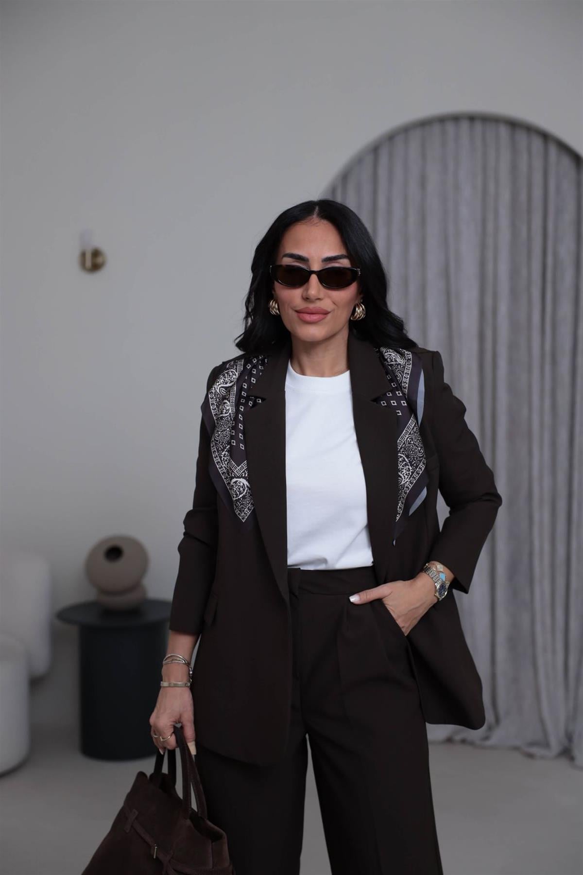 7665 Fular Detaylı Blazer Ceket KAHVE