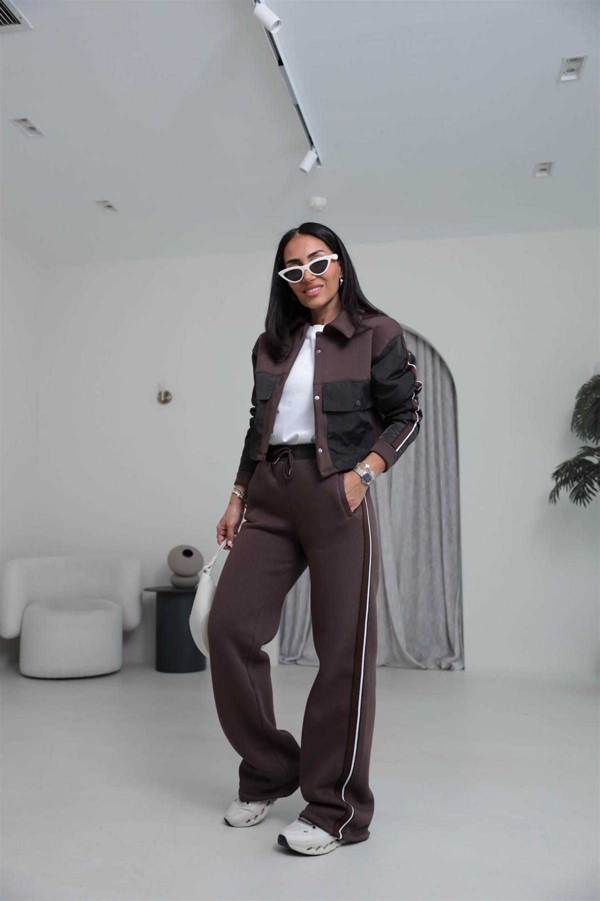 4076 Paraşüt Garnili 3 İplik Polo Yaka Çıtçıtlı Takım KAHVE