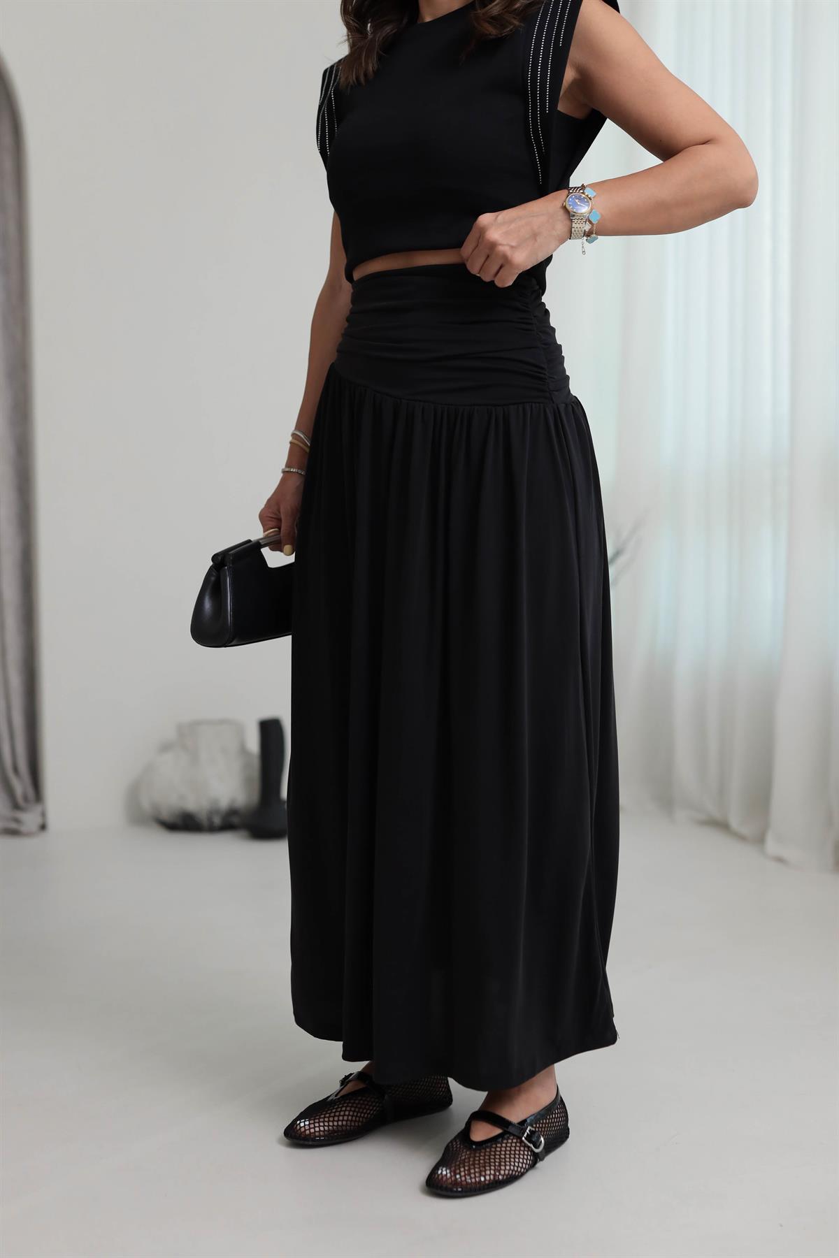 7234 Örme Korsajlı Modal Etek SİYAH