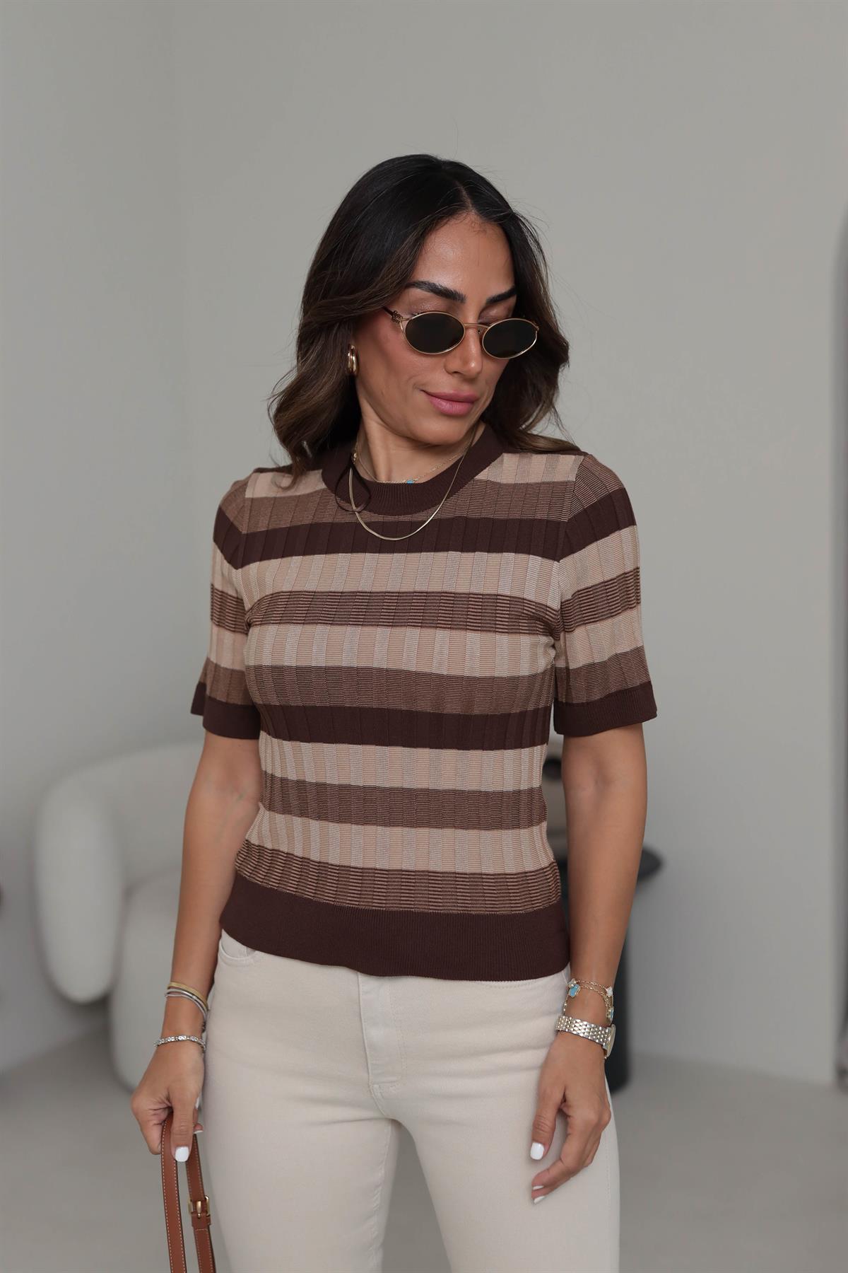0734 Bisiklet Yaka Çizgili Yumuşak Triko Bluz KAHVE