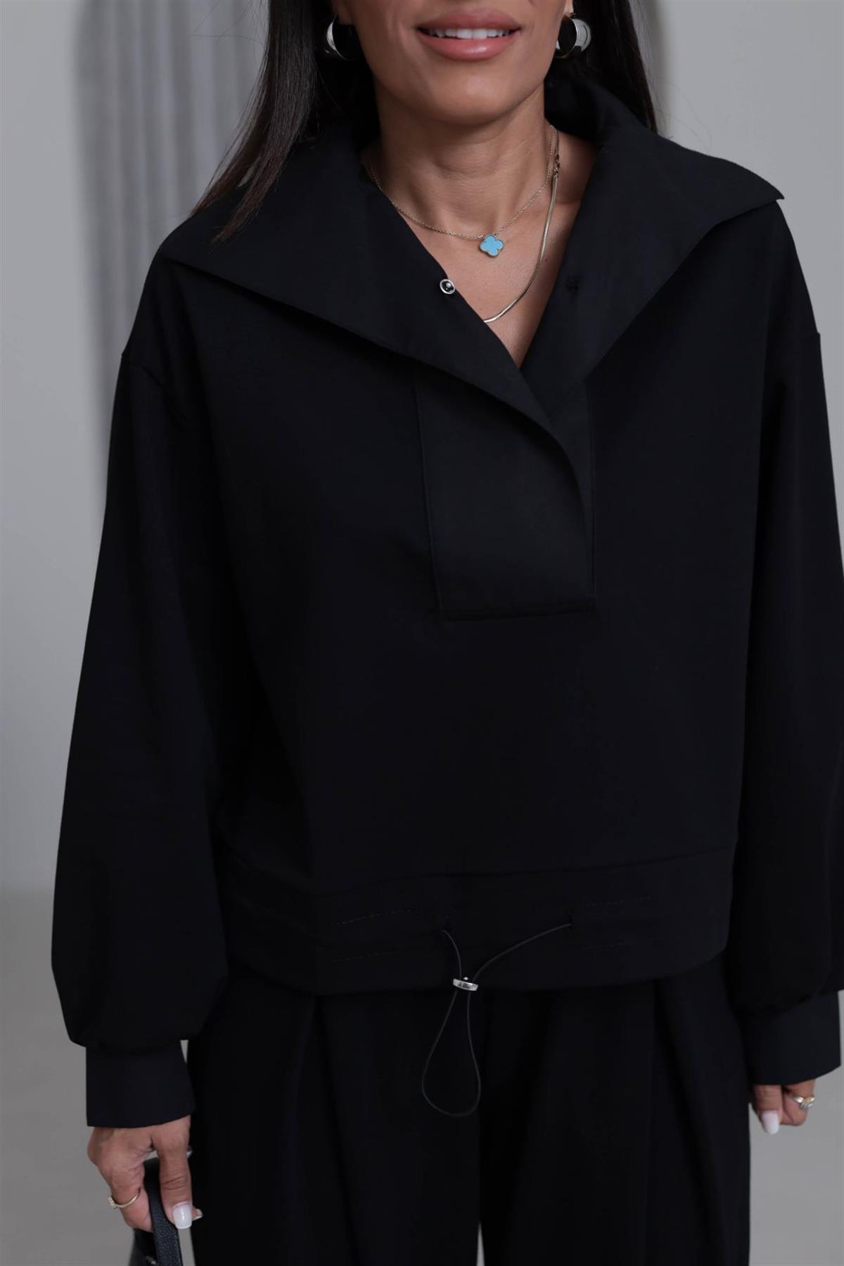 6720 Poplin Yaka Altı Lastikli Sweatshirt SİYAH