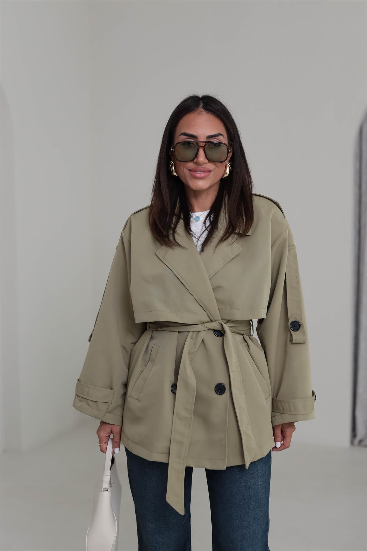 2019 Apoletli Kuşaklı Kısa Trençkot HAKİ YEŞİL