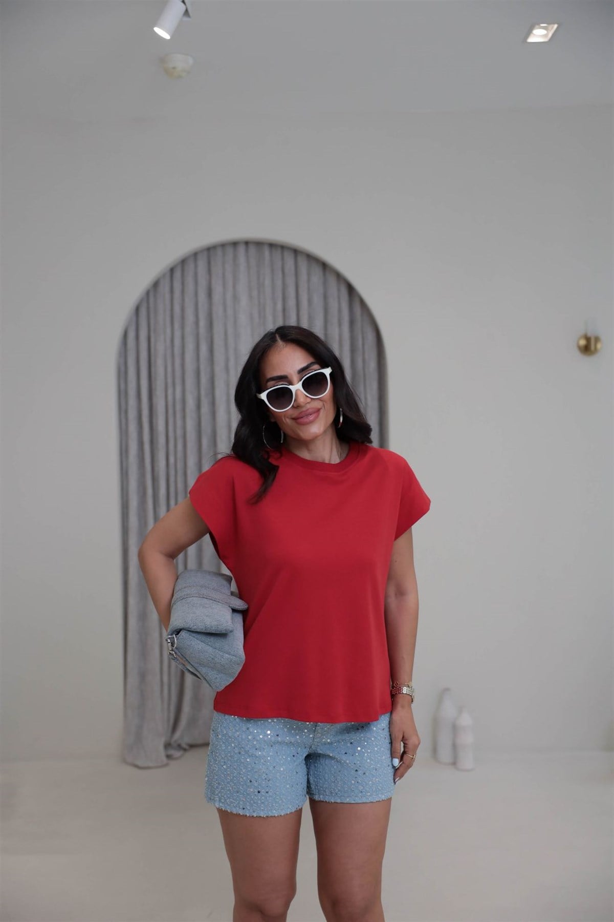 7529 Dökümlü Kol Pamuklu Tshirt KIRMIZI