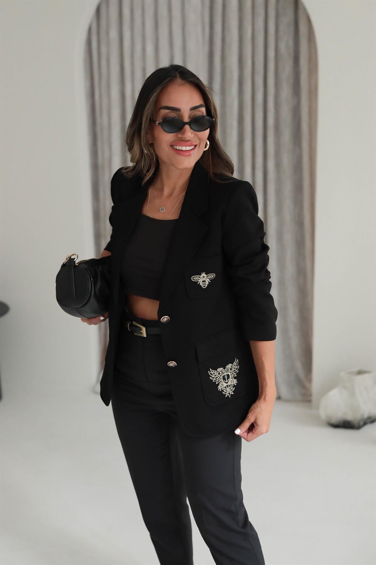 8931 Nakış İşlemeli Blazer Ceket SİYAH