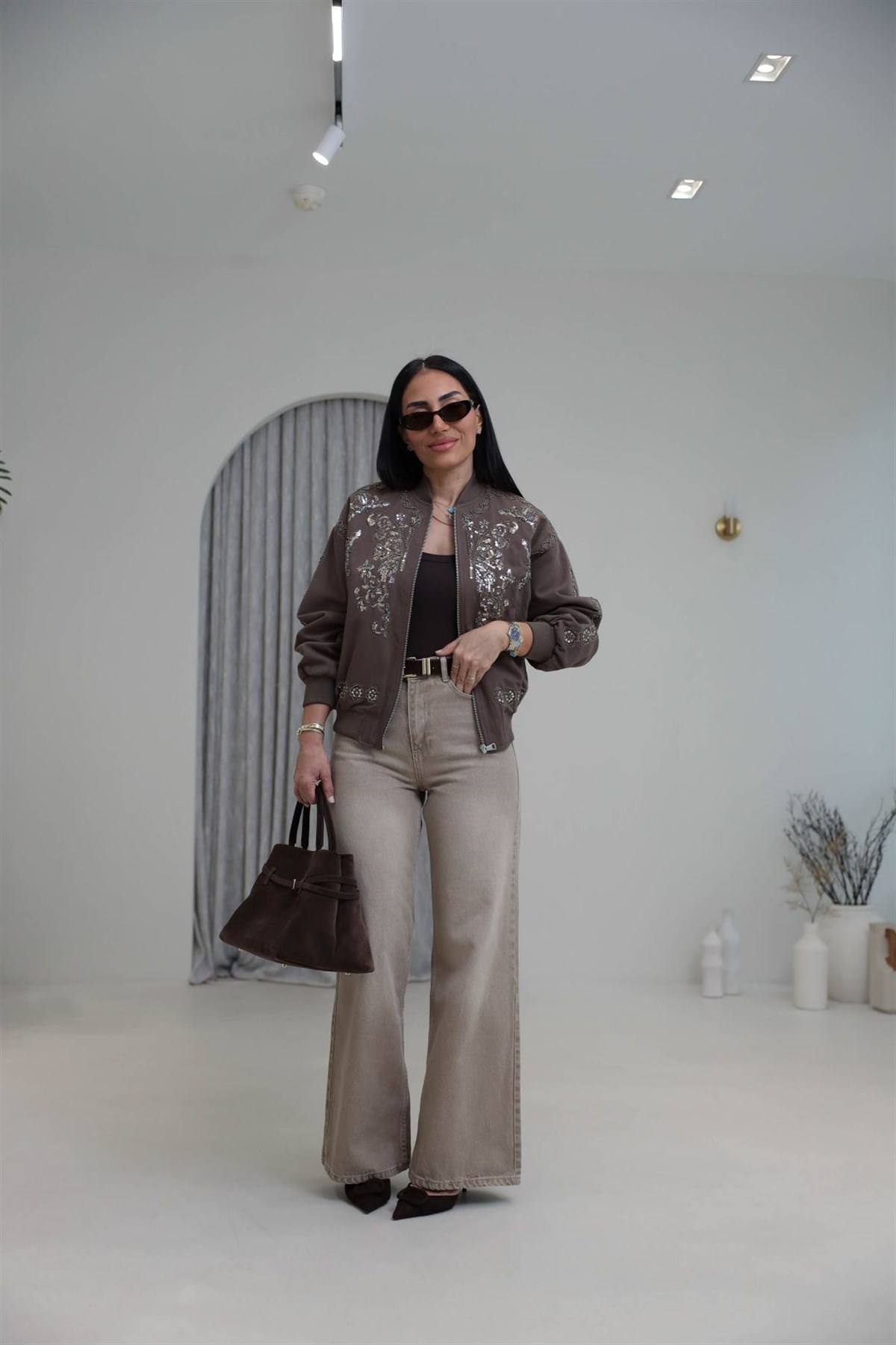 1021 Süet Kemerli Bol Kalıp Pantolon BEJ