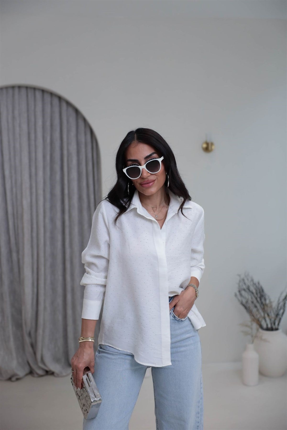 7335 Tencel Kumaş Taşlı Gömlek EKRU