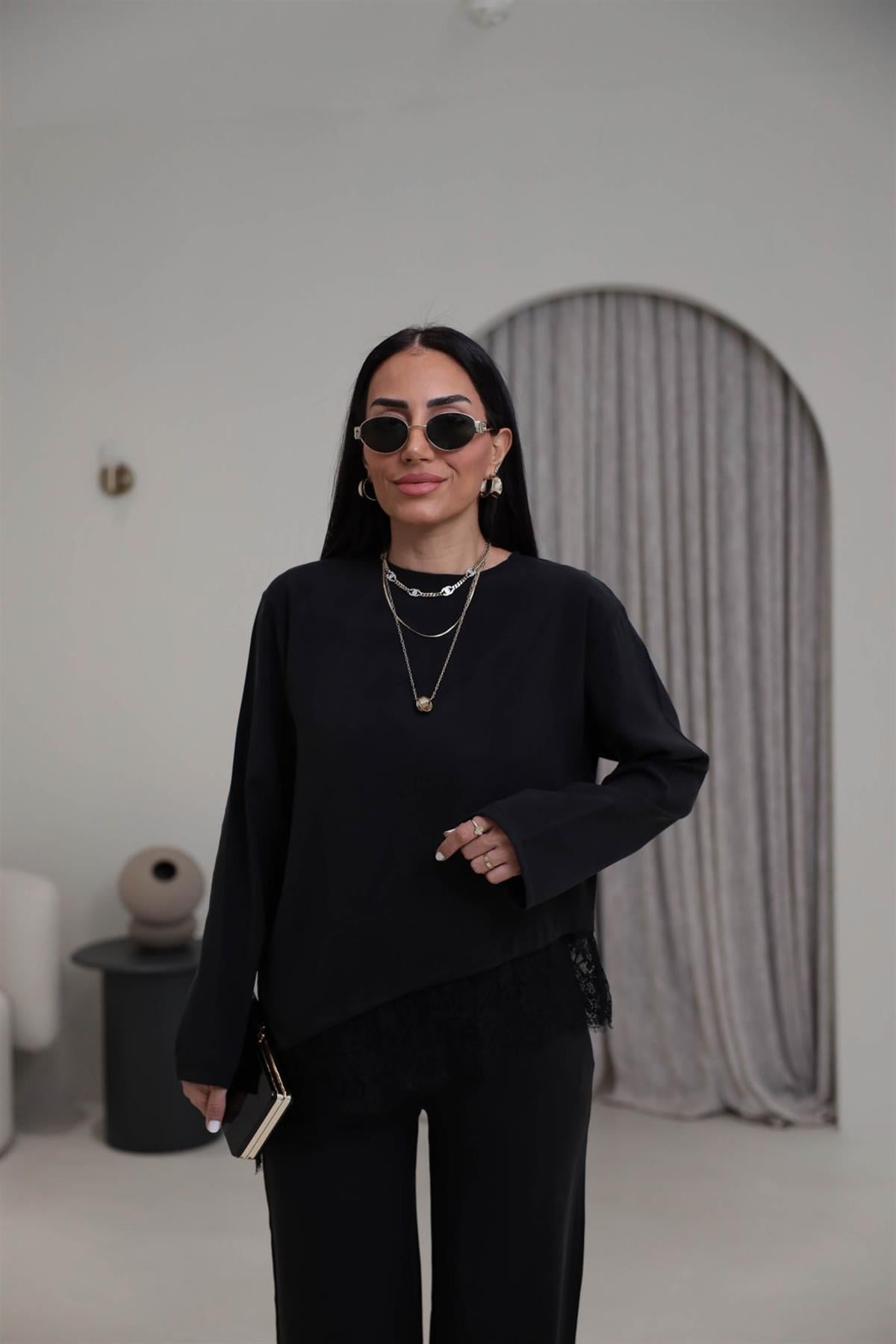 7308 Dantelli Tencel Modal Takım SİYAH