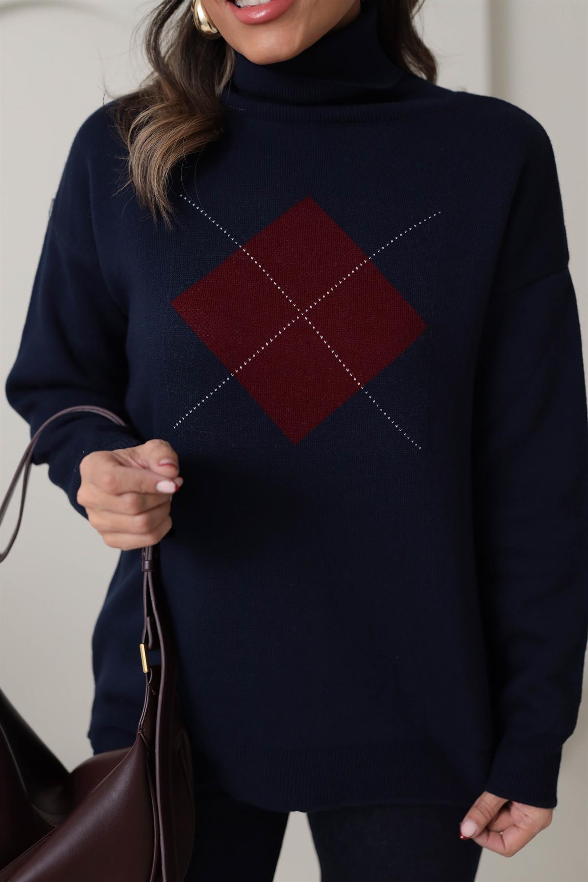 0060 Balıkçı Yaka Kare Desen Kazak LACİVERT