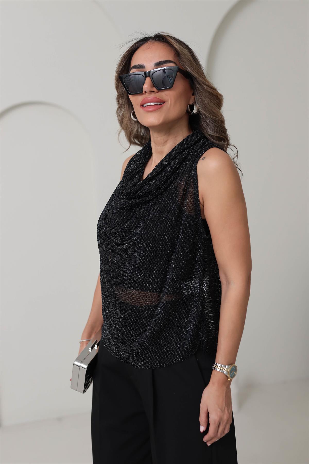 9165 Degaje Yaka Parıltılı File Bluz SİYAH