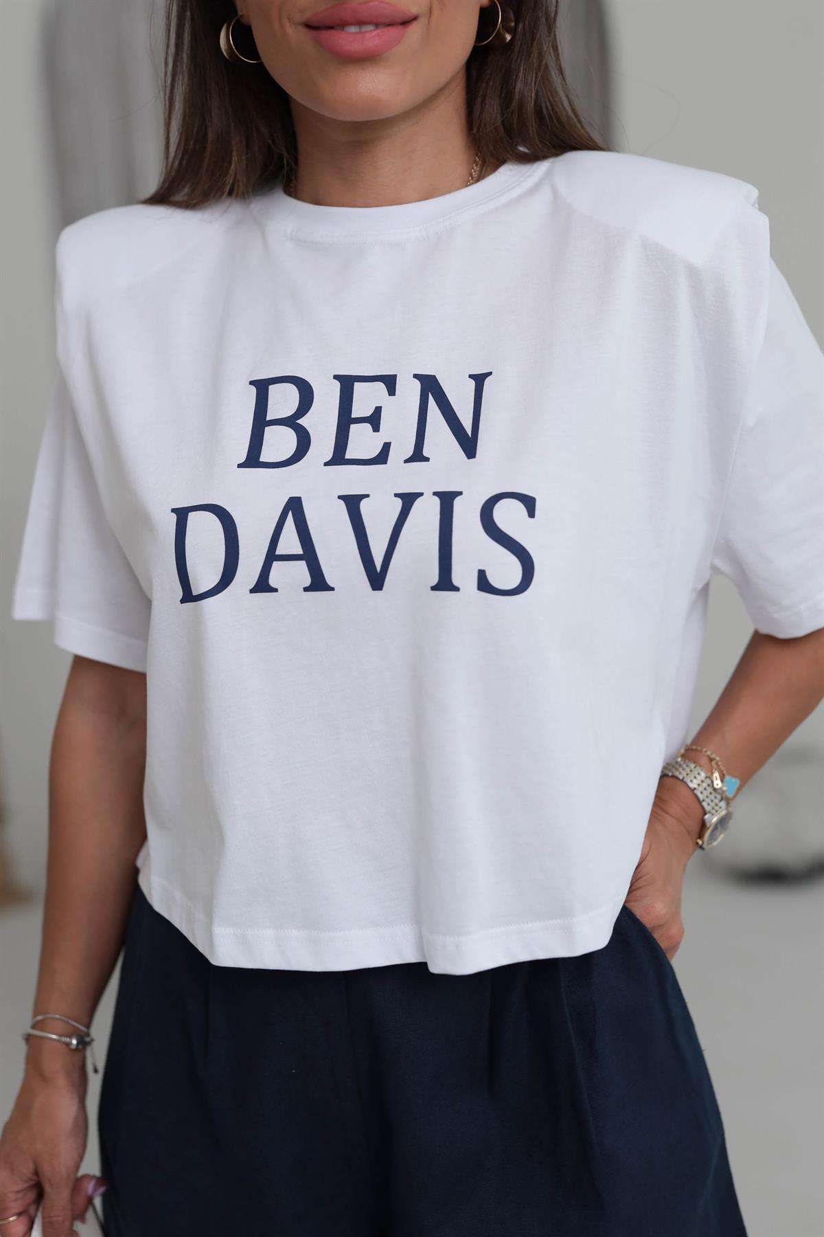 0013 Ben Davis Baskılı Vatkalı Pamuklu Tshirt BEYAZ