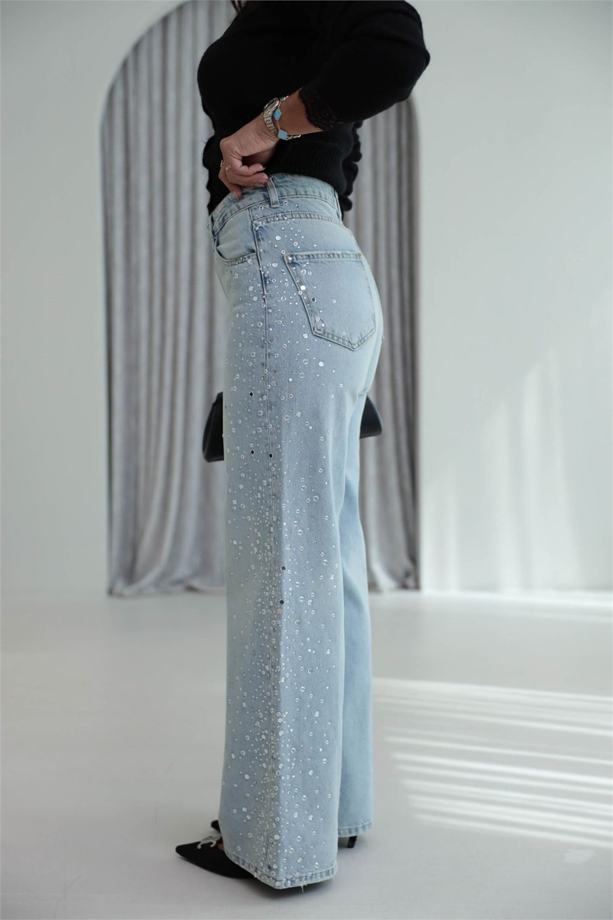 9119 Taş işlemeli Wide Leg jean AÇIK MAVİ