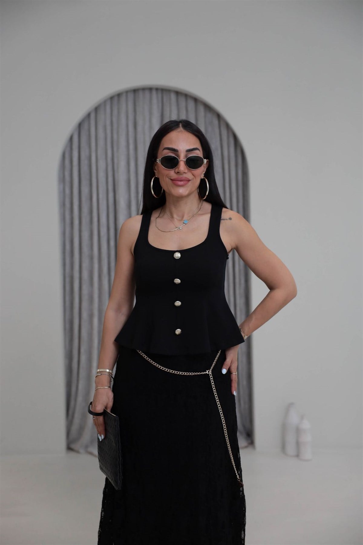 1979 Düğmeli Kare Yaka Peplum Bluz SİYAH