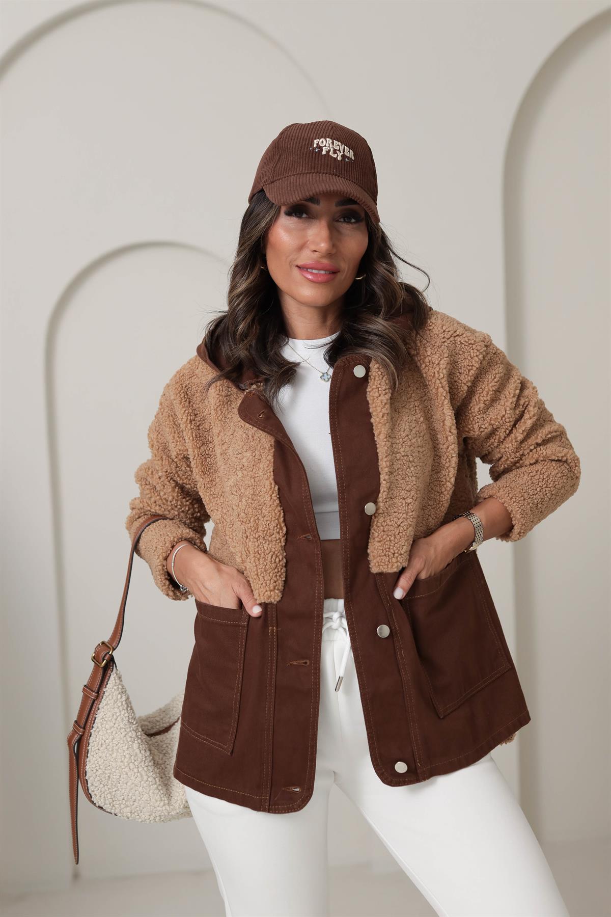 4163 Kot Garnili Kapşonlu Teddy Mont KAHVE