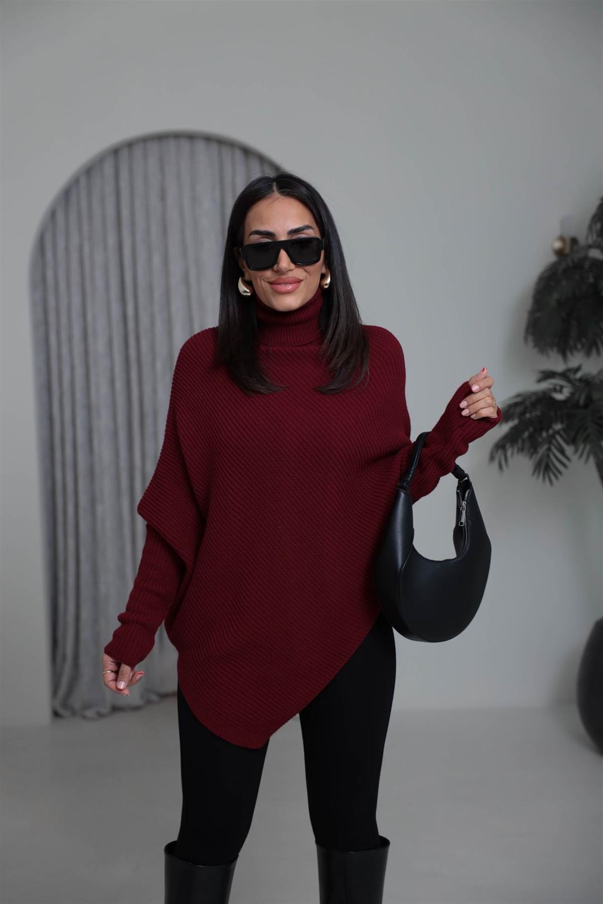 2574 Balıkçı Yaka Asimetrik Triko Kazak BORDO