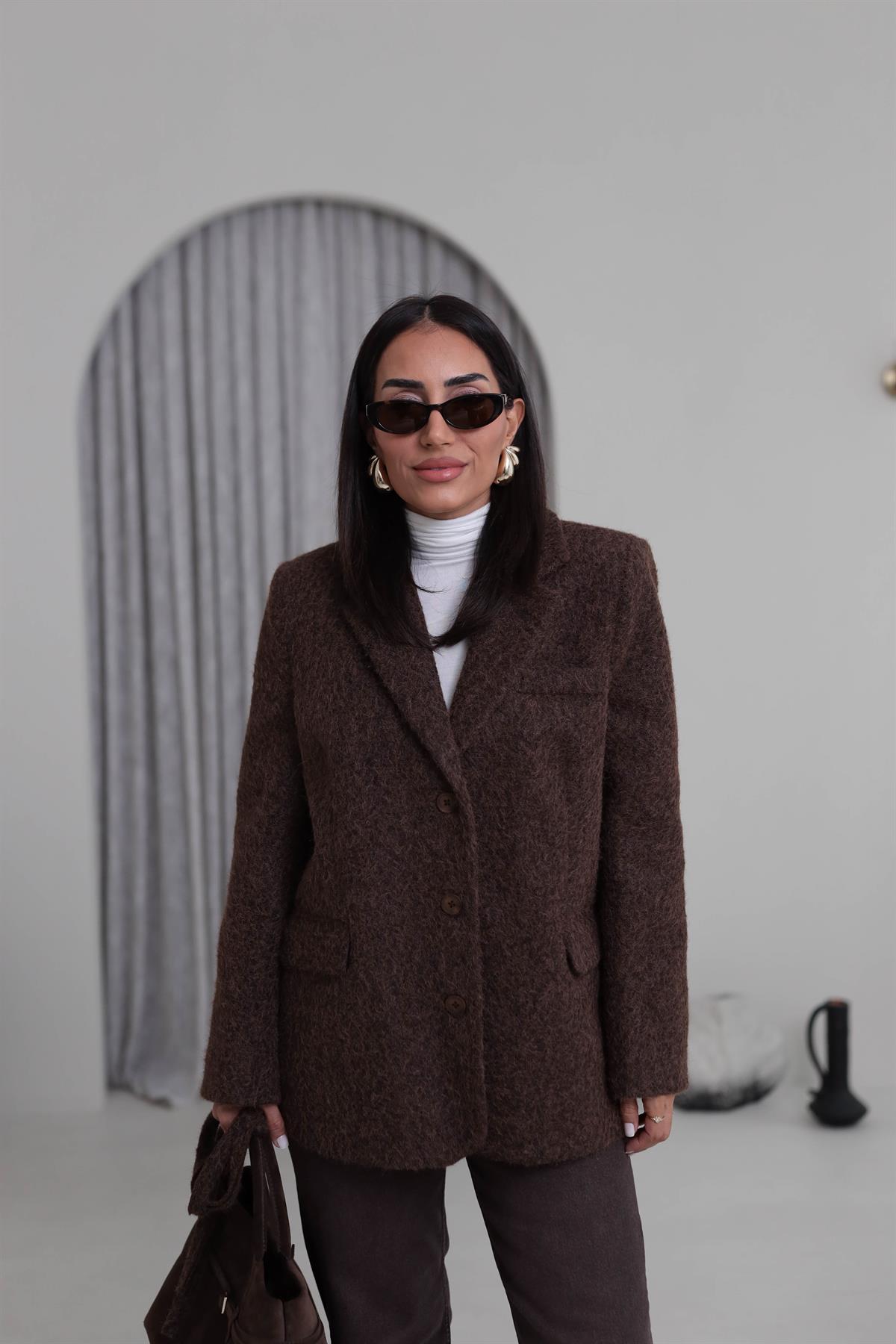 7368 Kuşak Detaylı Blazer Kaşe Ceket ACI KAHVE