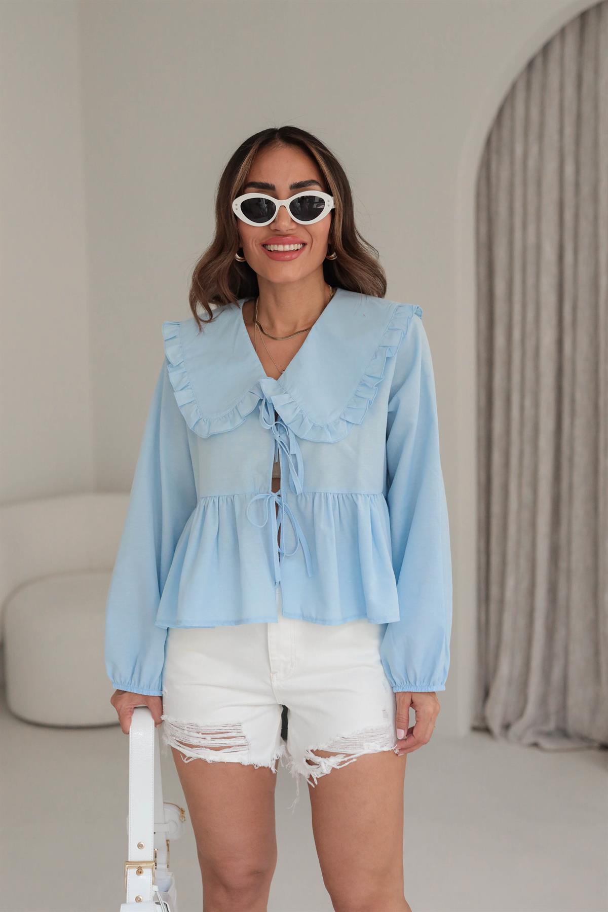 Bebe Yaka Balon Kol Önden Bağlamalı Poplin Gömlek