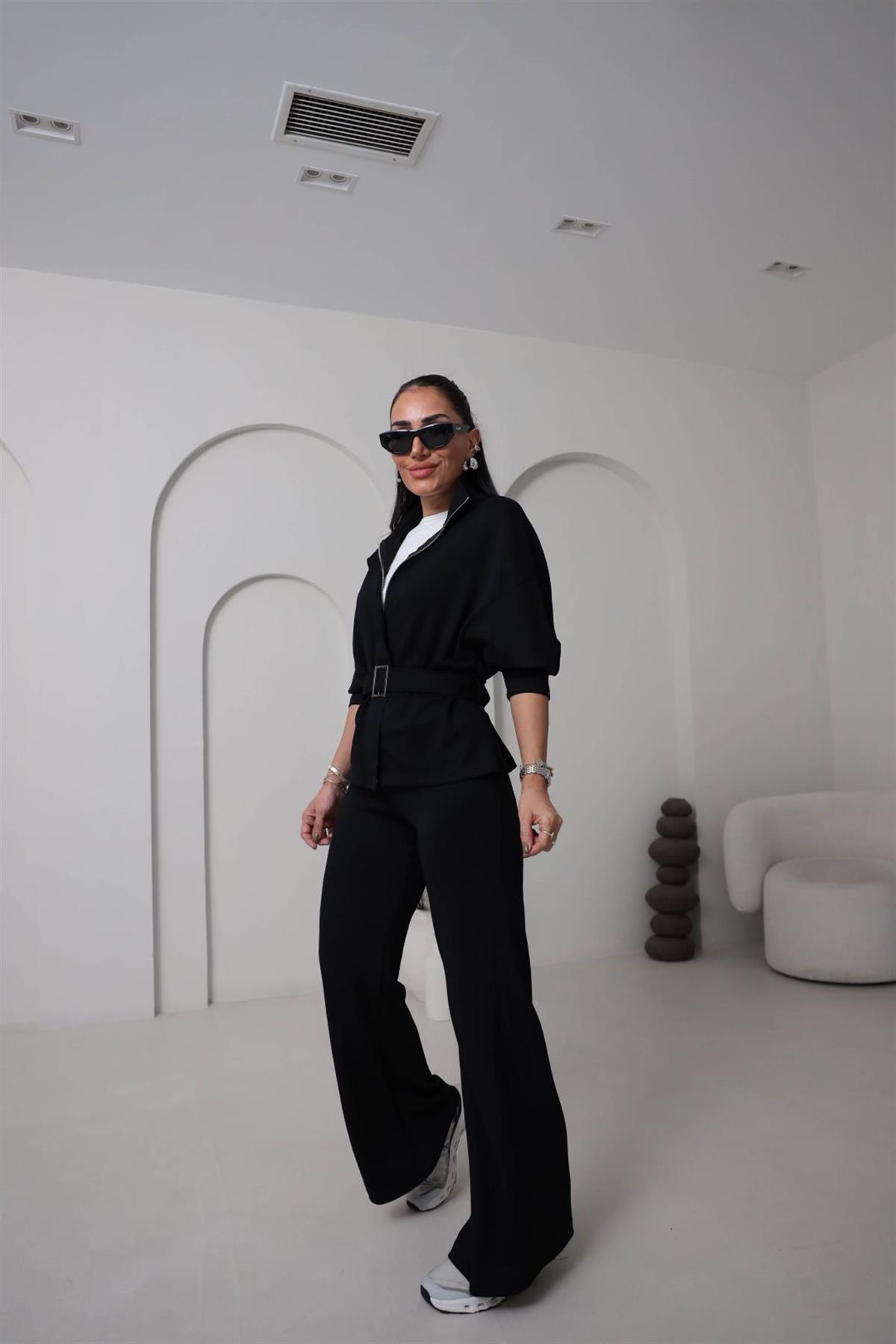 8616 Fermuarlı Kuşaklı Çıtçıt Detaylı Modal Takım SİYAH