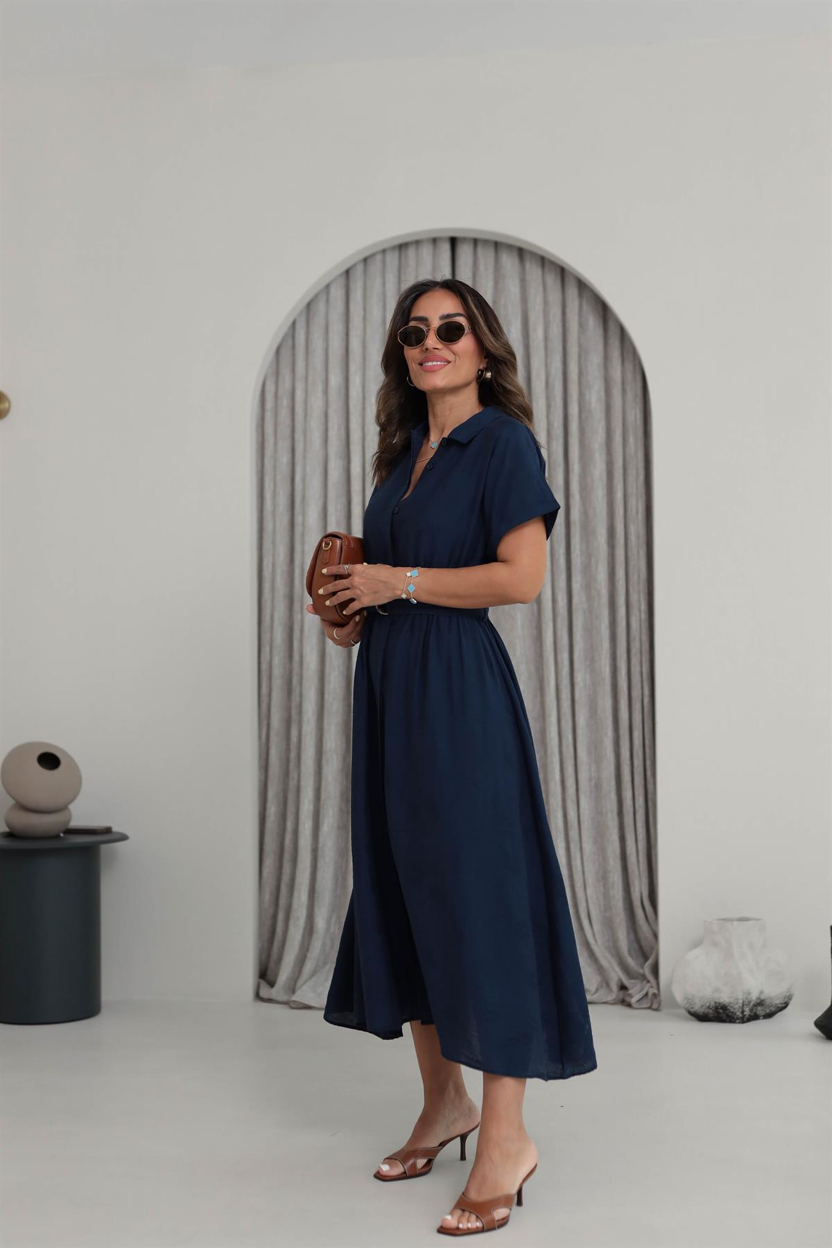 5214 Kendinden Desenli Kuşaklı Uzun Gömlek Elbise LACİVERT