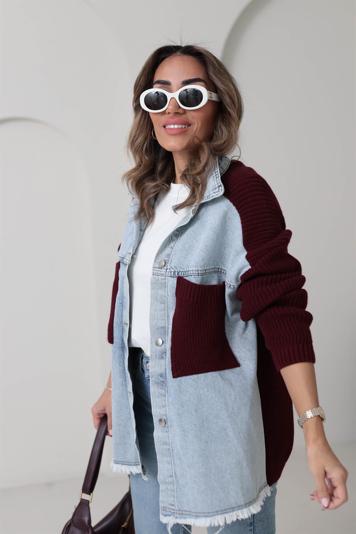 4113 Triko Garnili Oversize Ceket BORDO