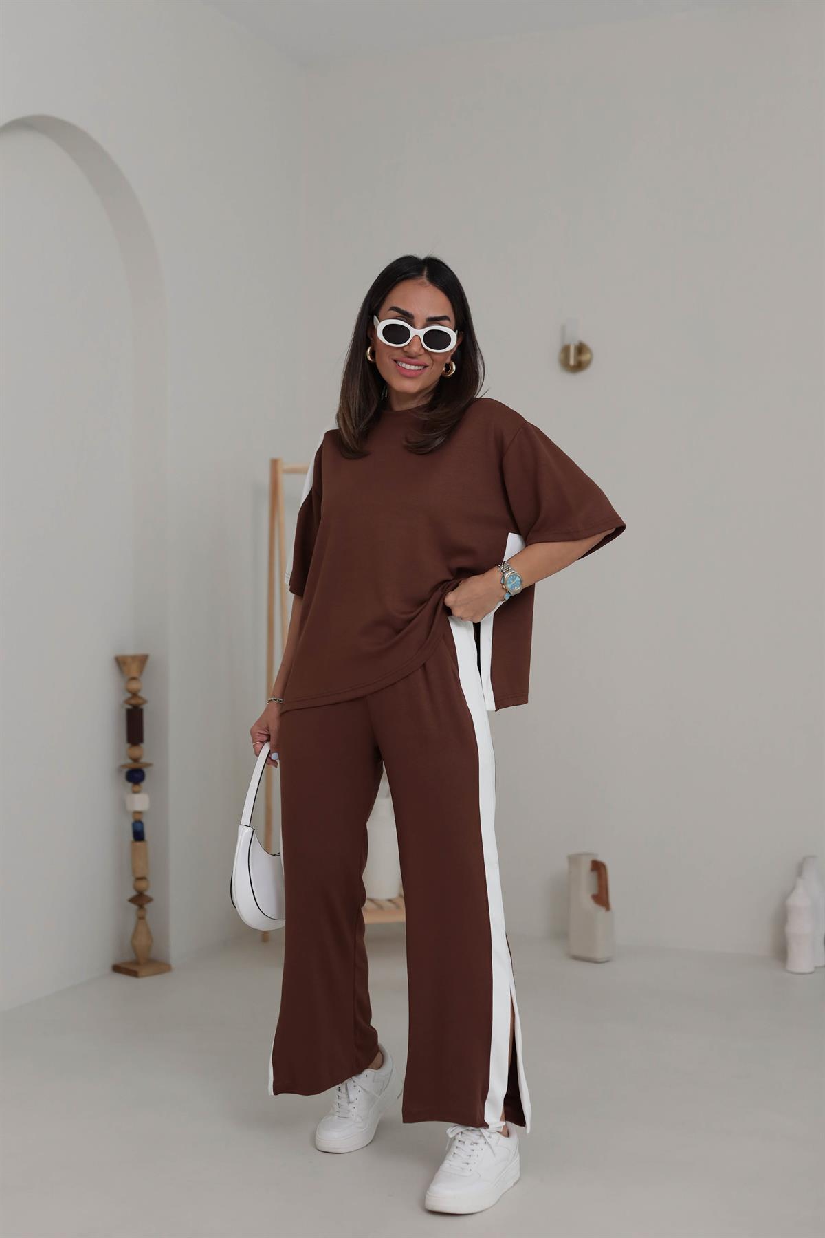3417 Kontrastlı Paça Yırtmaçlı Rahat Modal Takım KAHVE