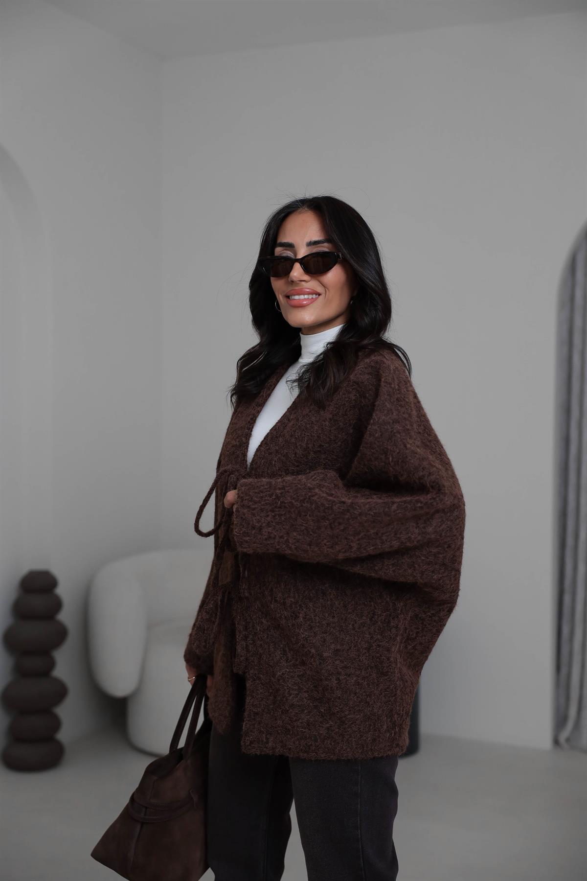 8989 Önü Bağlamalı Oversize Keçe Ceket KAHVE