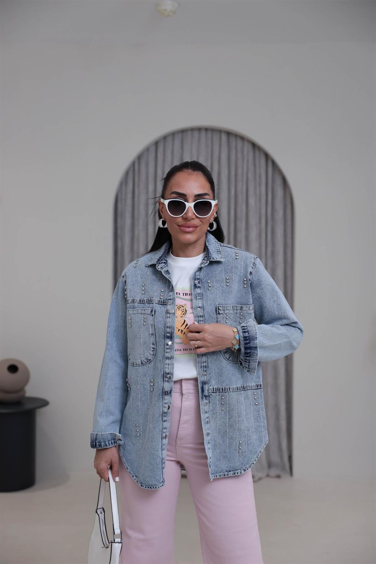 3171 Ön Arka Taş İşlemeli Rahat Denim Ceket BUZ MAVİ