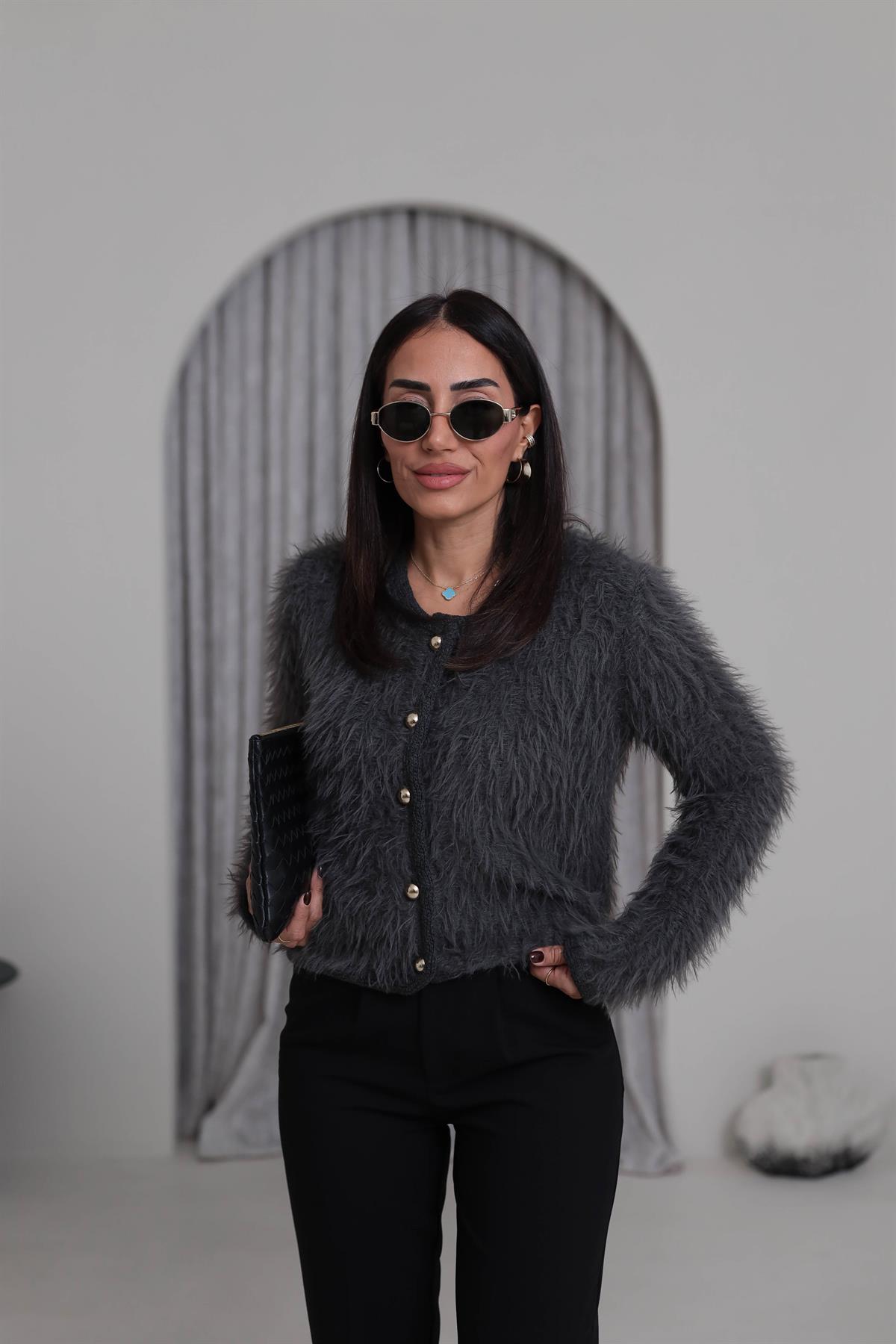 4938 Gold Düğme Detaylı Sakalı Hırka GRİ