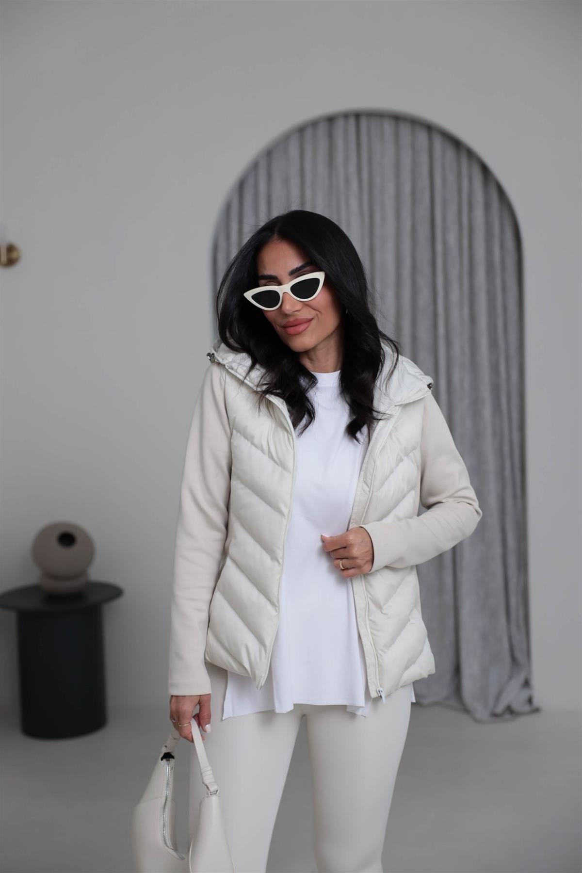 118 Kapşonlu Fermuarlı Hybrid Mont KREM