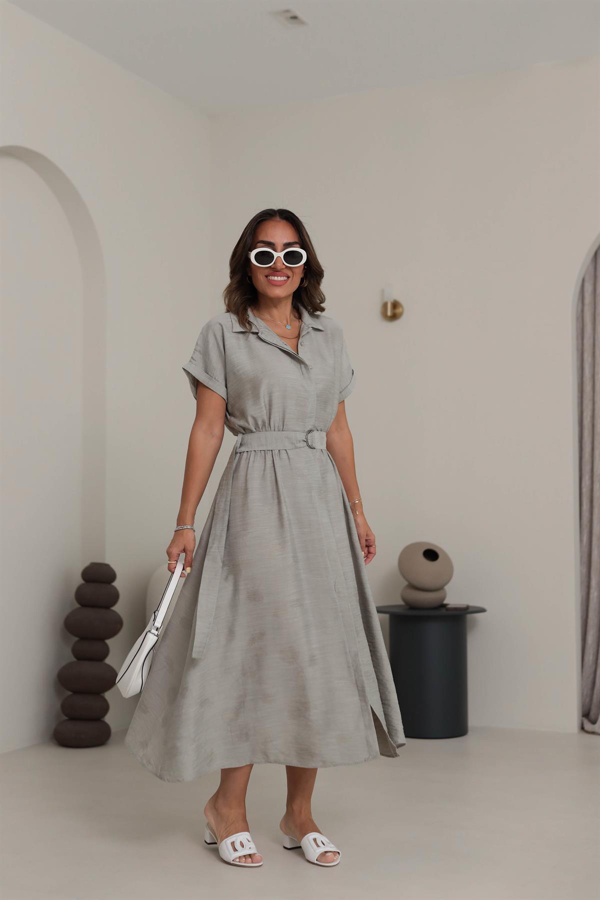 5214 Kendinden Desenli Kuşaklı Uzun Gömlek Elbise AÇIK YEŞİL