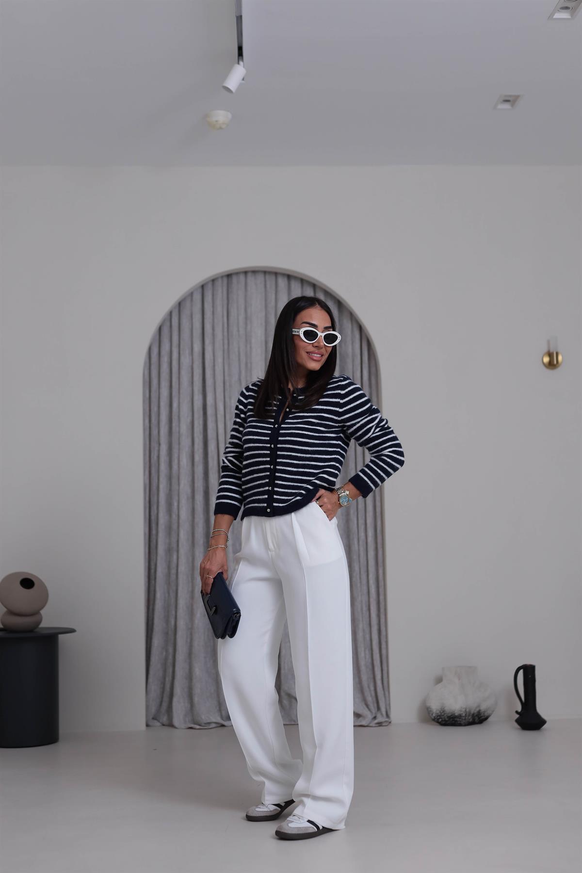 4870 Çizgili Şardonlu Bisiklet Yaka Hırka LACİVERT