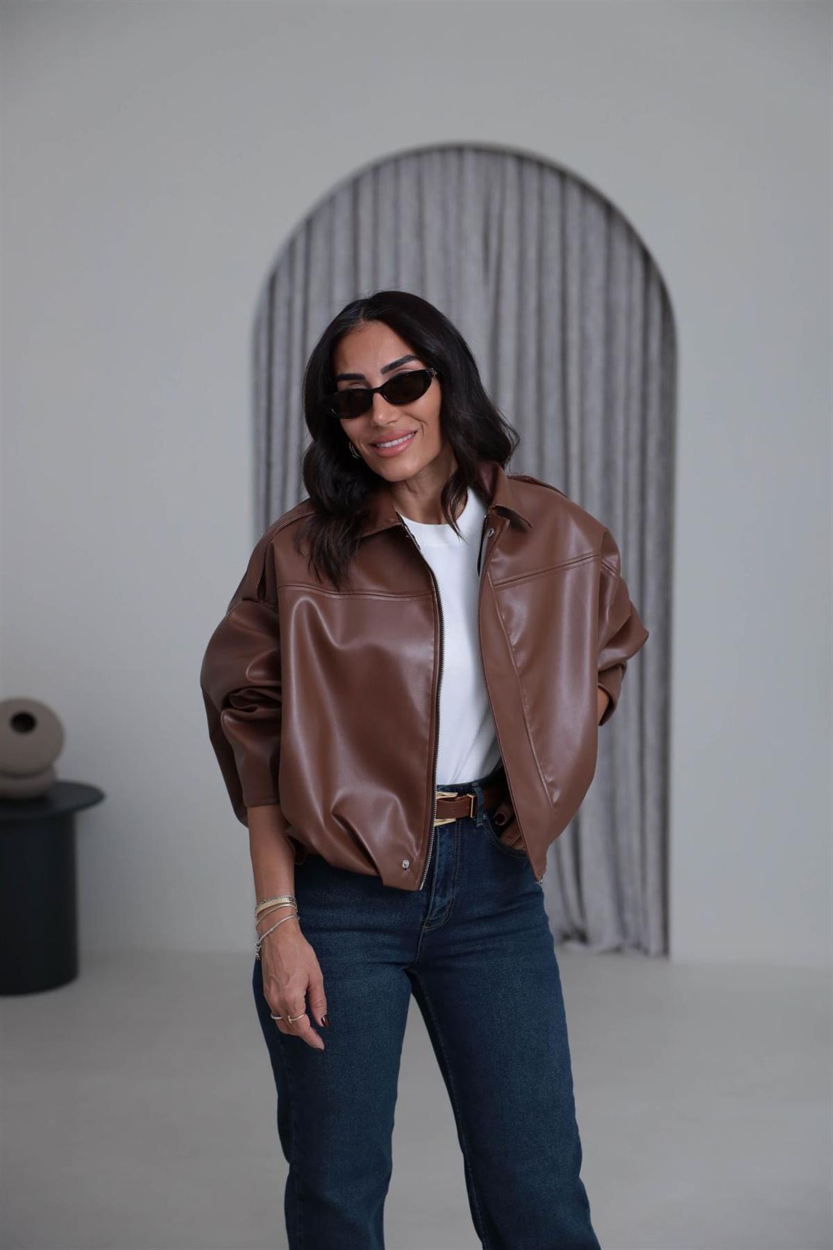 4221 Gömlek Yaka Suni Deri Bomber Ceket TABA