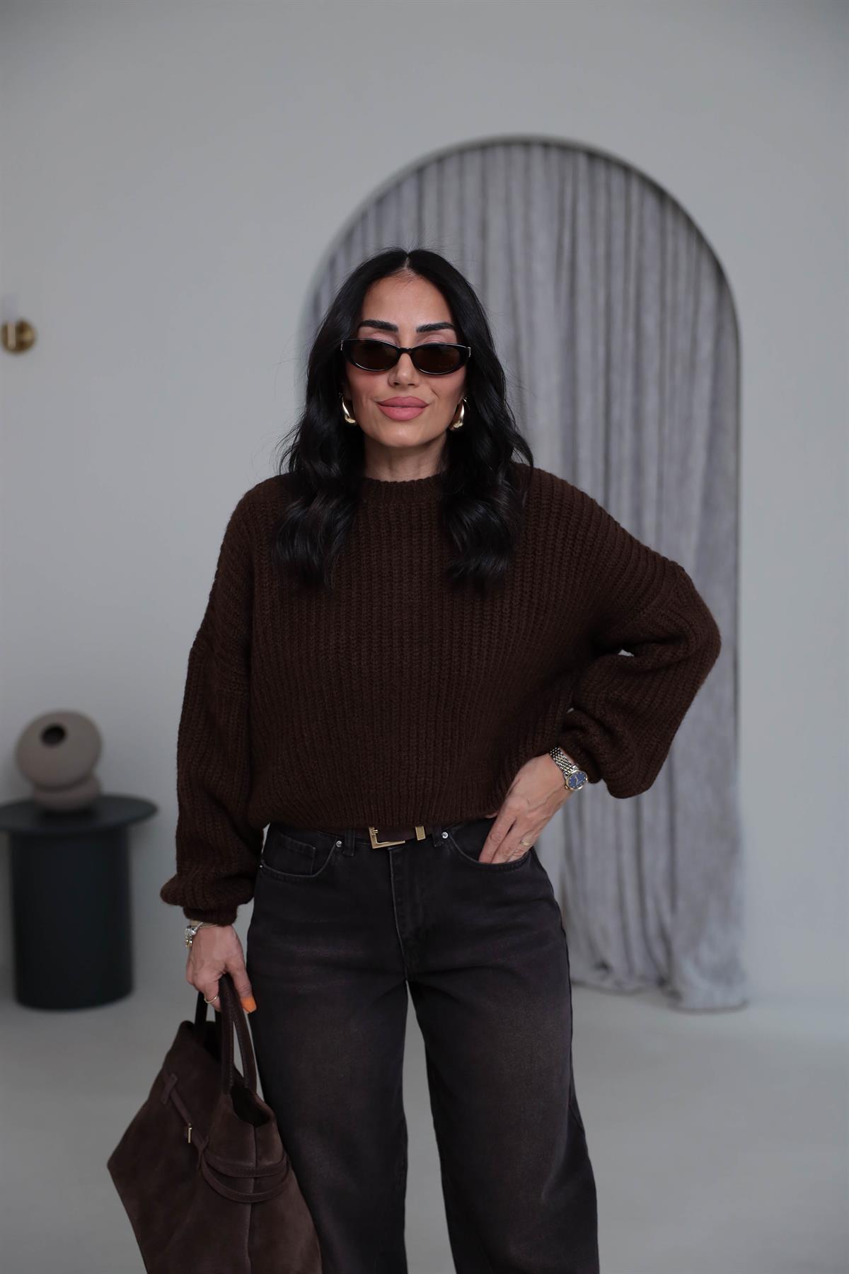 3579 Bisiklet Yaka Örme Oversize Kısa Kazak KAHVE