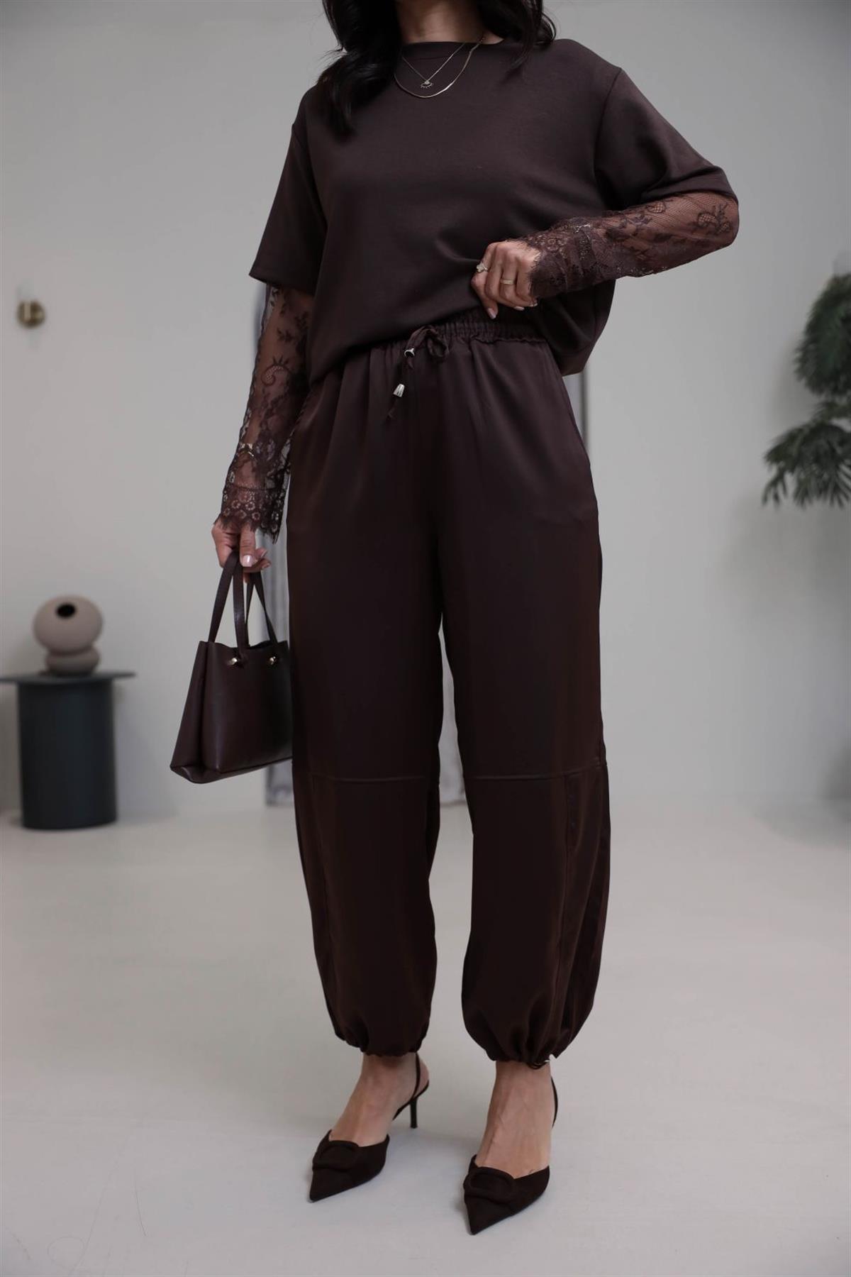 1121 Paça Büzgülü Bel Lastikli Saten Pantolon KAHVE