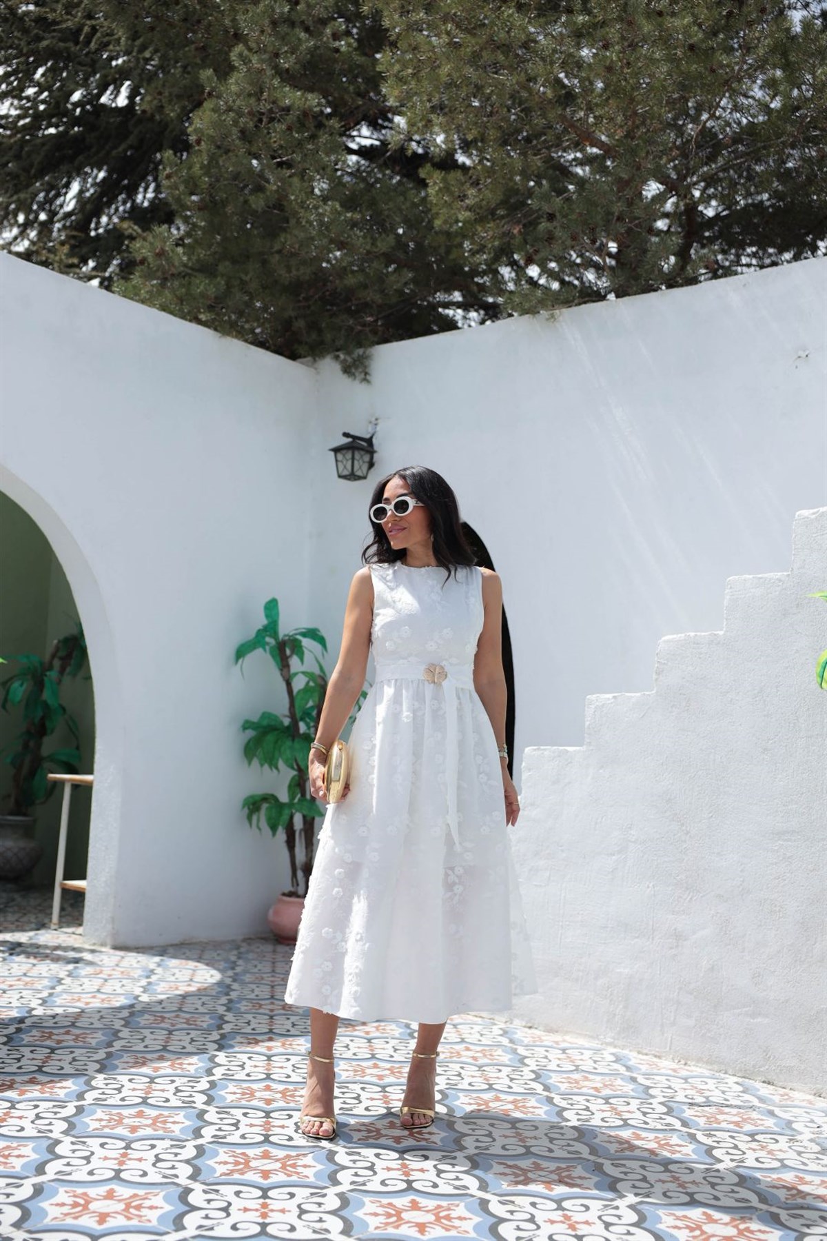 9596 İşleme Detaylı Kemerli Elbise BEYAZ