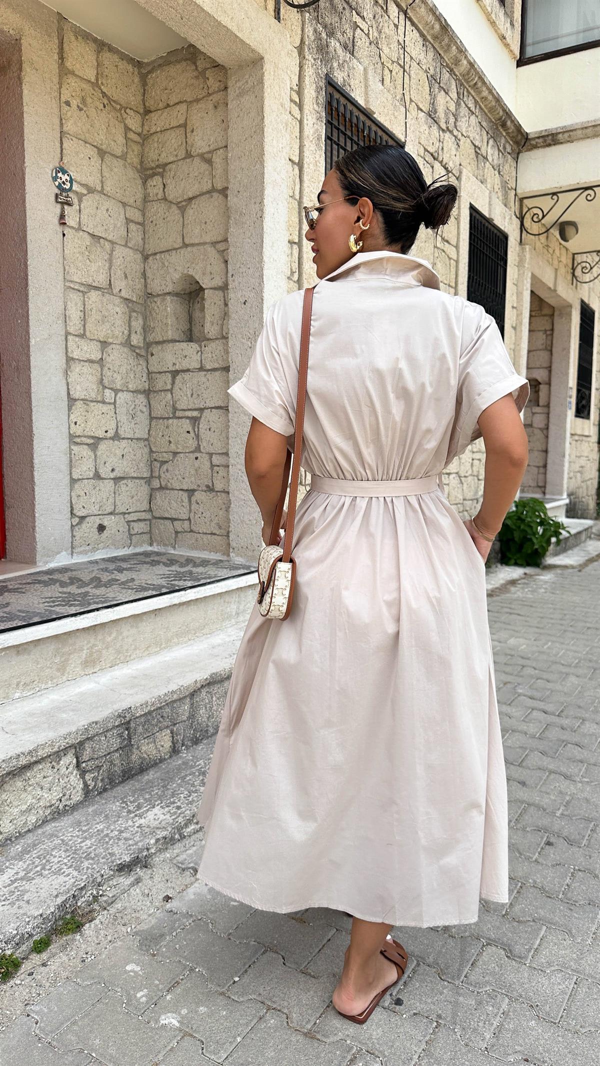 9679 Kemerli Kısa Kol Gömlek Elbise