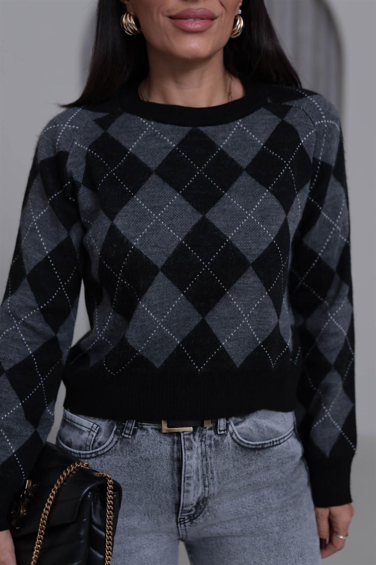 5219 Bisiklet Yaka Baklava Desen Massi Kazak SİYAH