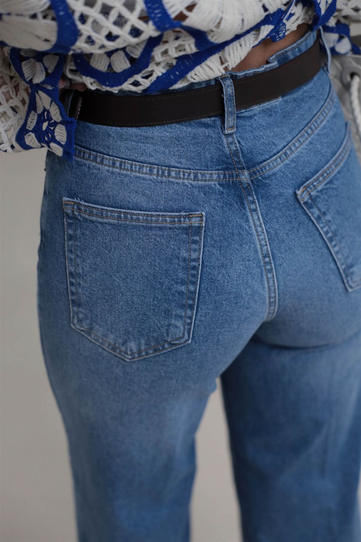 Kemerli Yüksek Bel Culotte Jean MAVİ