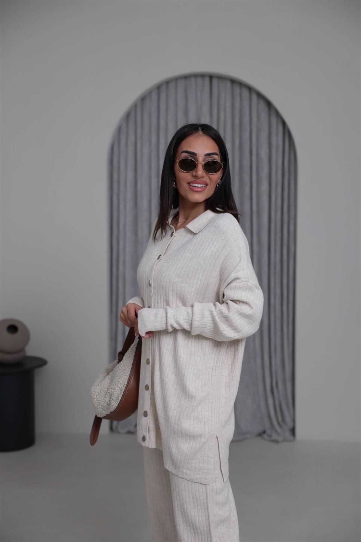 0017 Polo Yaka Düğmeli Triko Takım KREM