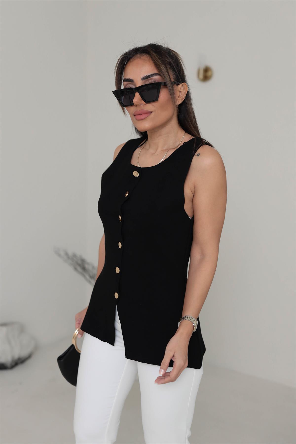 0291 Bisiklet Yaka Düğmeli Triko Yelek SİYAH