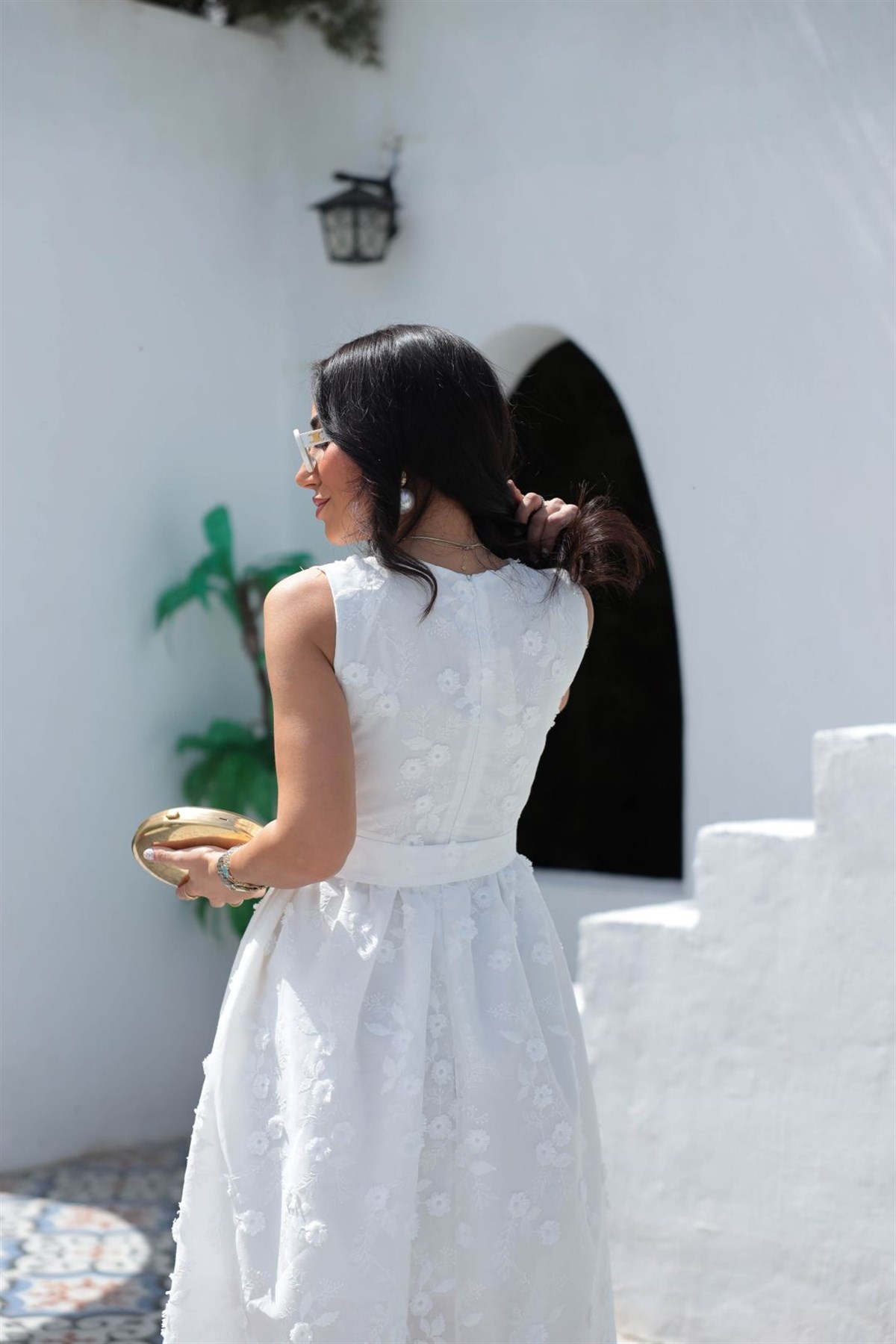 9596 İşleme Detaylı Kemerli Elbise BEYAZ