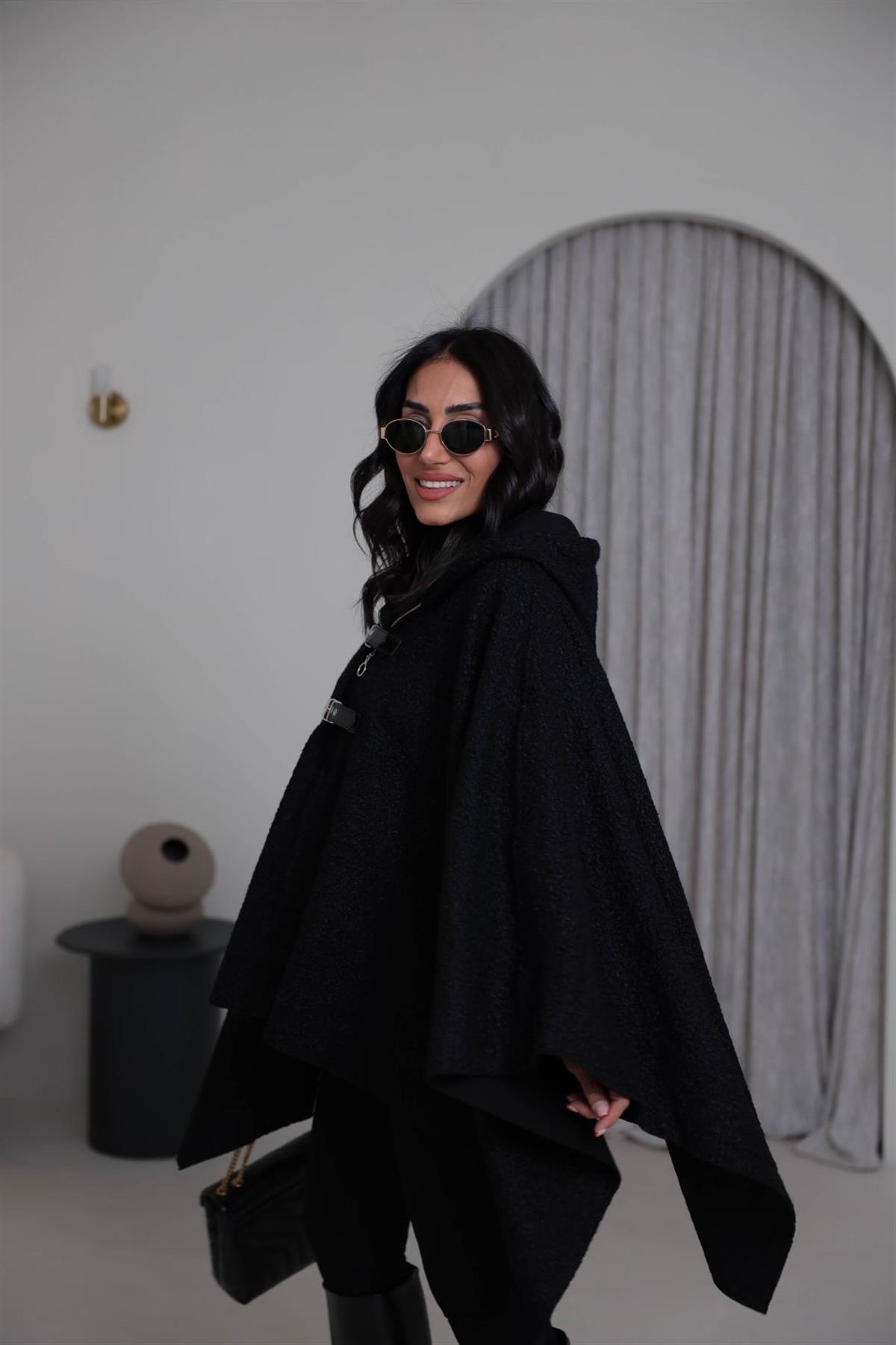 9175 Kemer Detay Kapşonlu Buklet Panço SİYAH