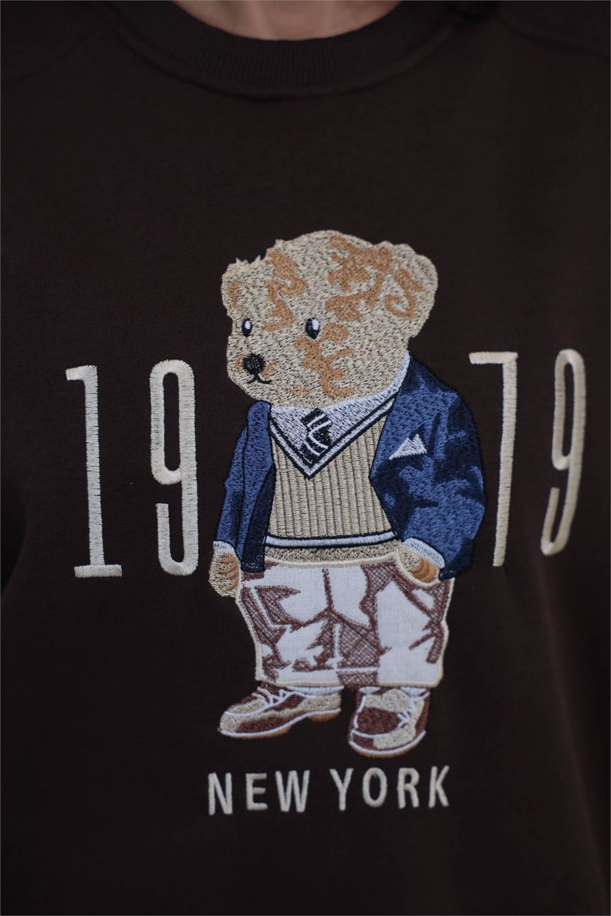 0417 Reglan Kol Teddy Nakışlı Sweatshirt KAHVE
