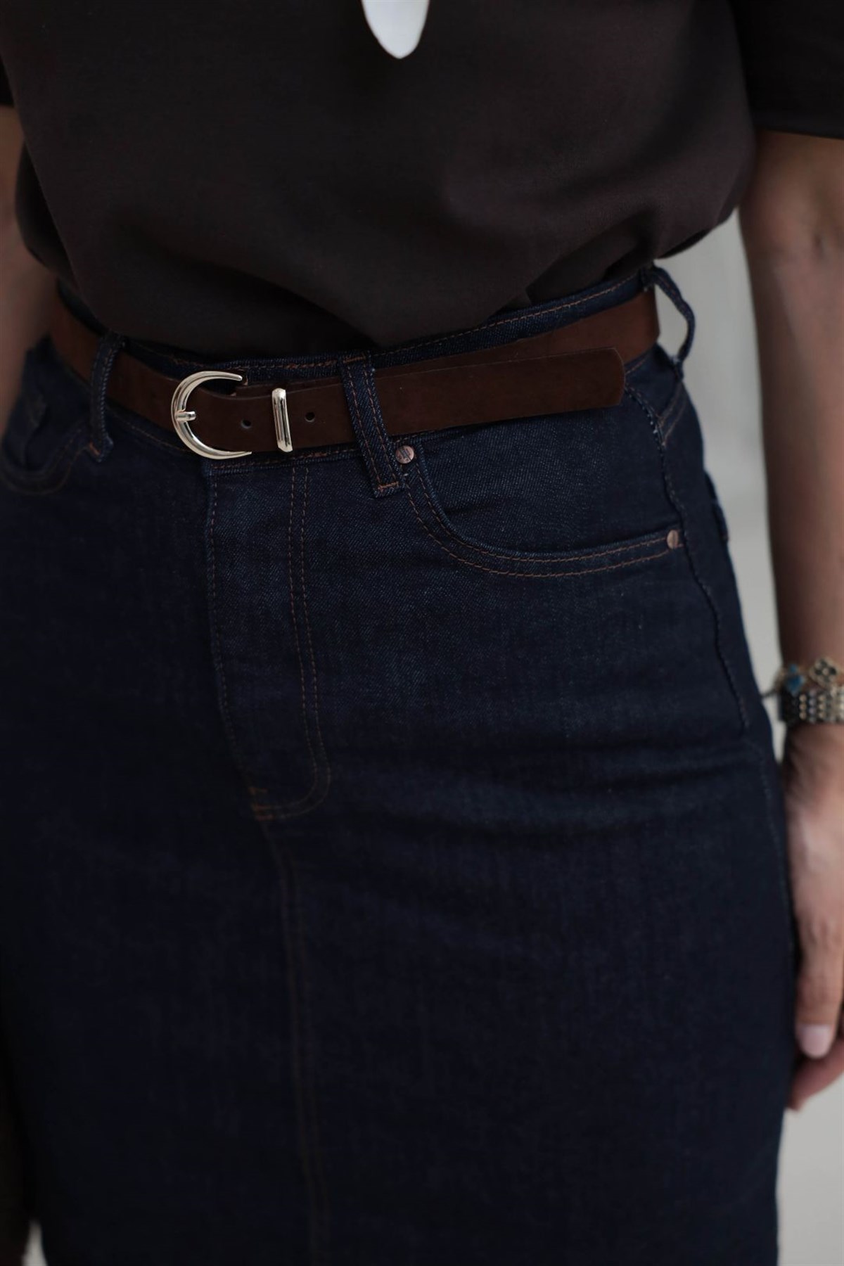 112 Kemerli Likralı Denim Etek LACİVERT