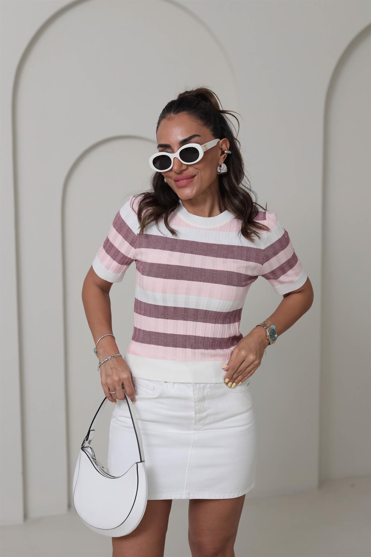 0734 Bisiklet Yaka Çizgili Yumuşak Triko Bluz PEMBE