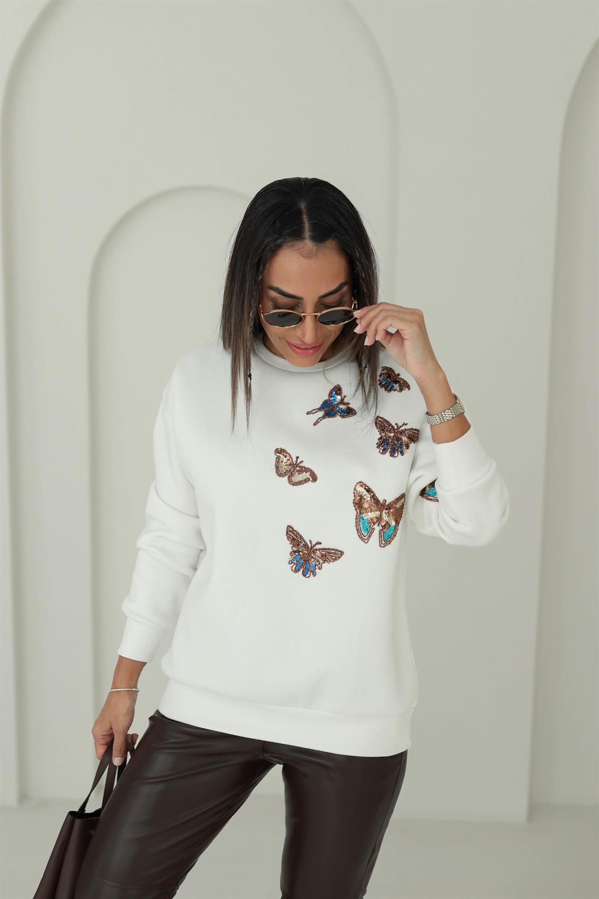6542 Pullu Kelebek İşlemeli Şardonlu Sweatshirt EKRU