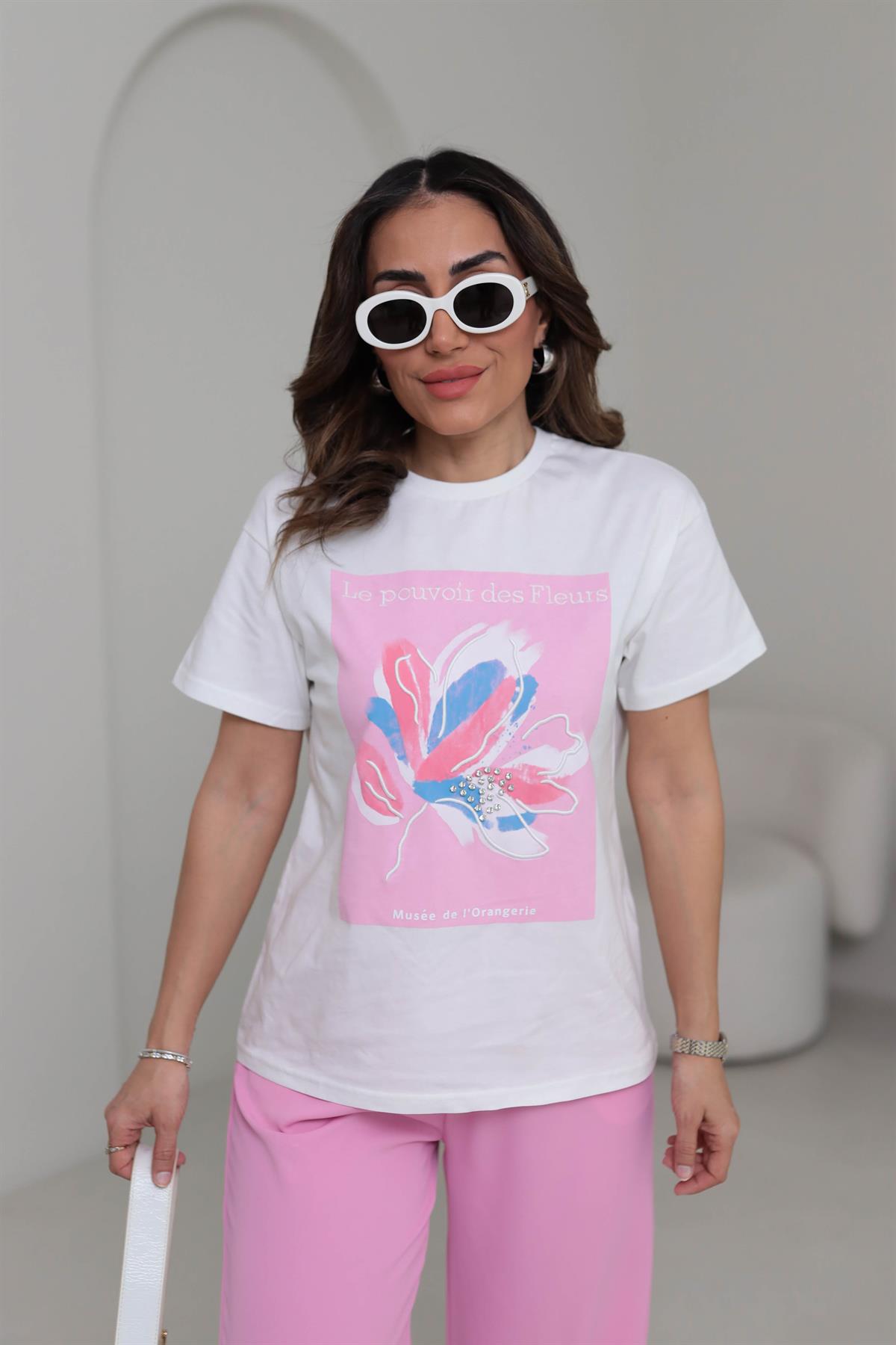0223 Çiçek ve Taş Detaylı Tshirt PEMBE